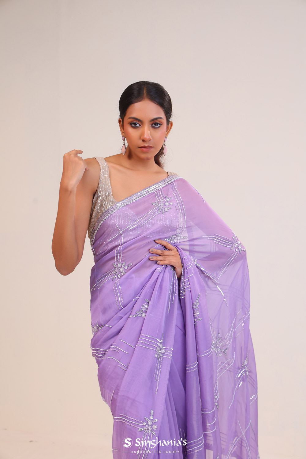 Mauve Purple Organza Handcrafted Saree