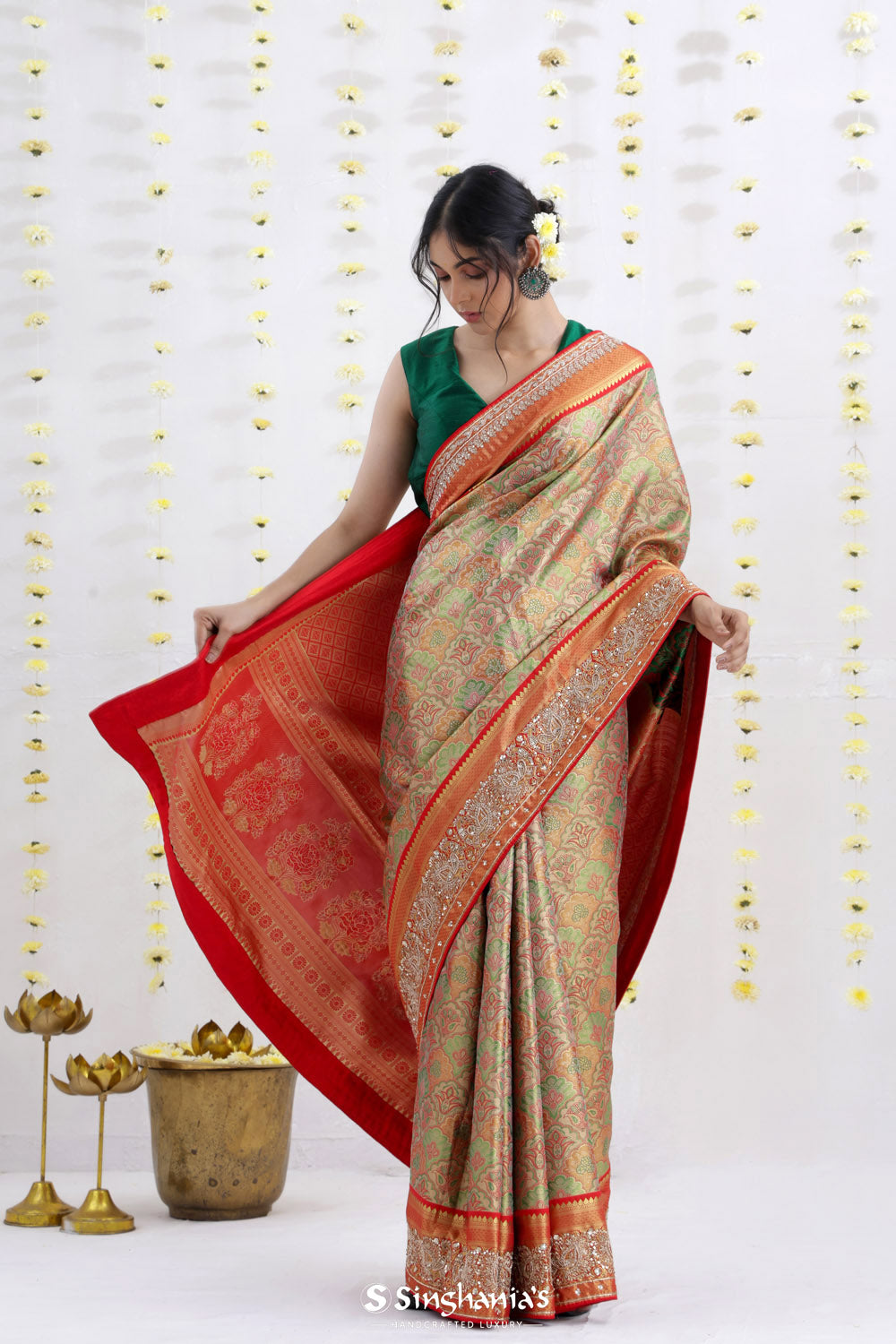 Green Yellow Kanjivaram Silk Saree With Embroidery Border