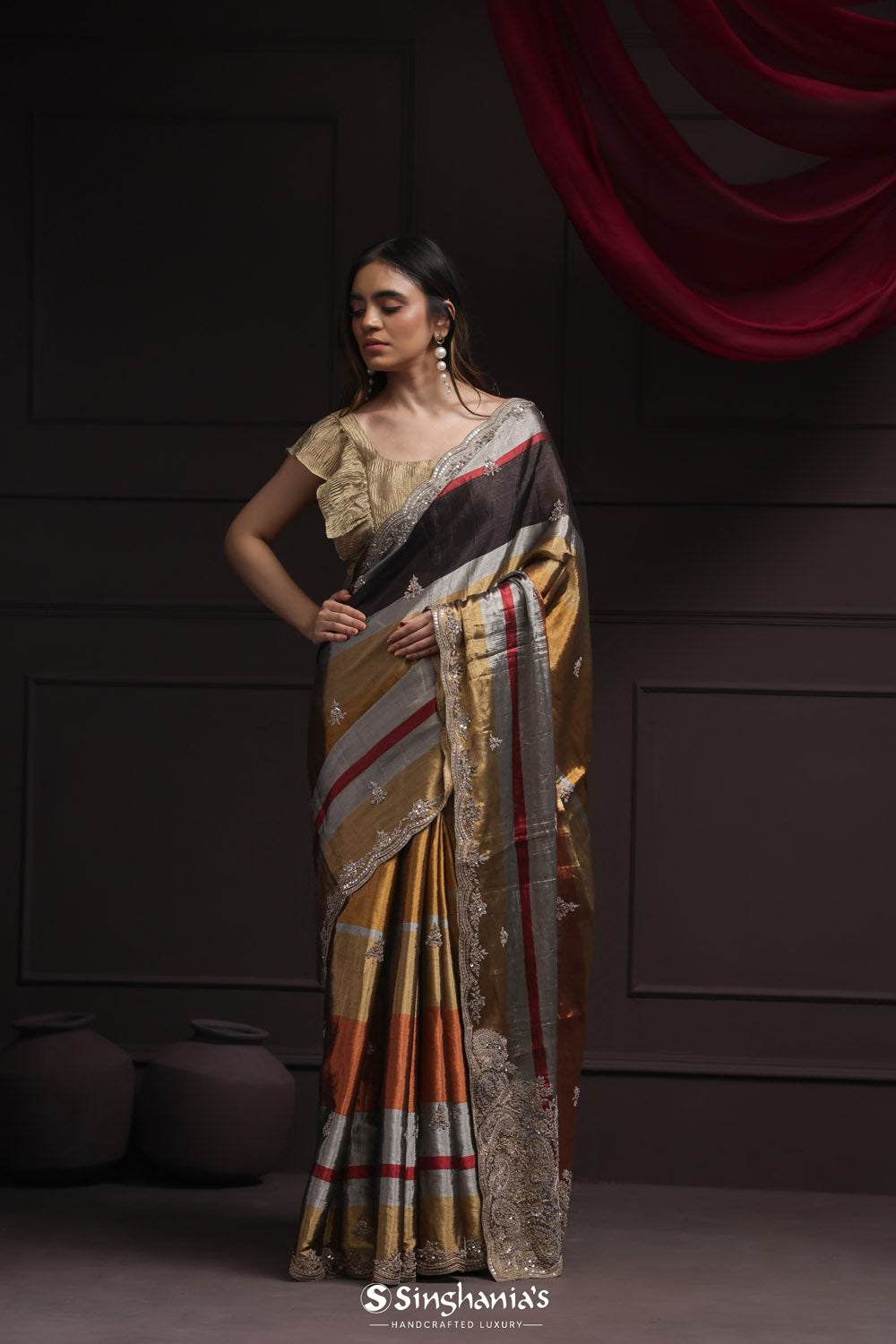 Gold Multi Color Tissue Designer Saree With Floral Embroidery Border