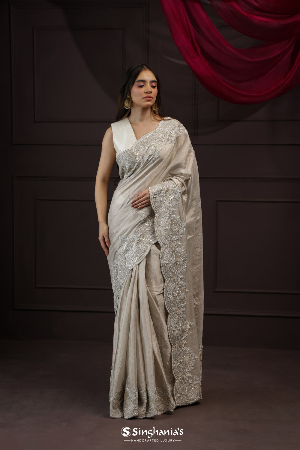 White Grey Tissue Designer Saree With Floral Embroidery