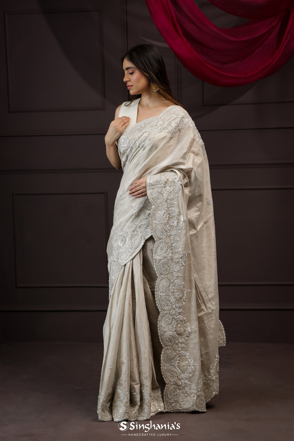 White Grey Tissue Designer Saree With Floral Embroidery