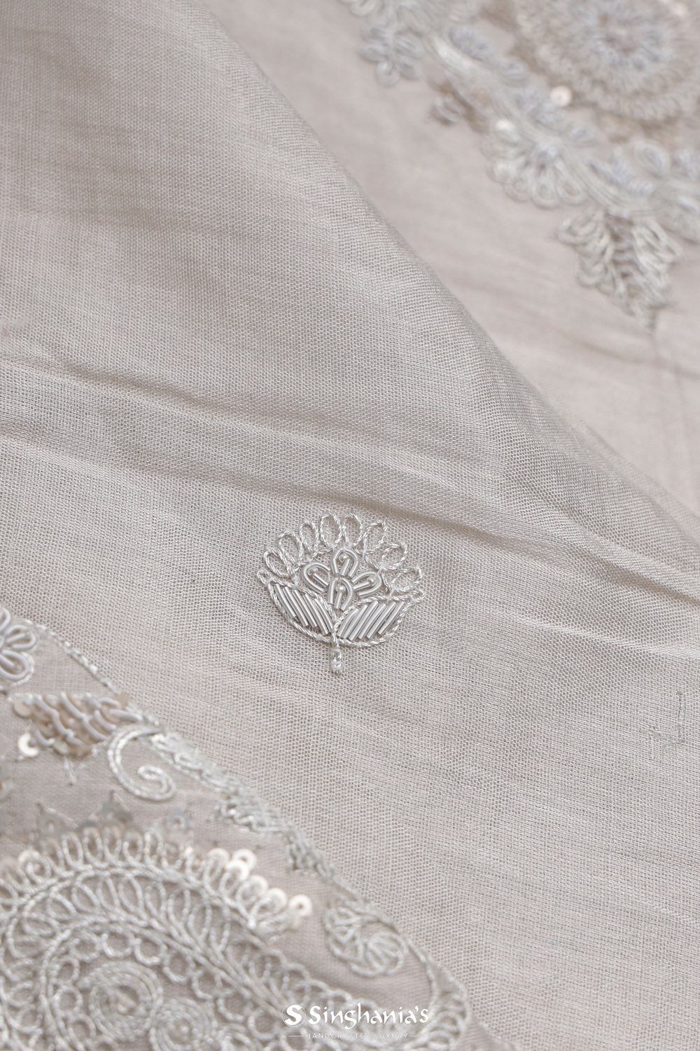 White Grey Tissue Designer Saree With Floral Embroidery