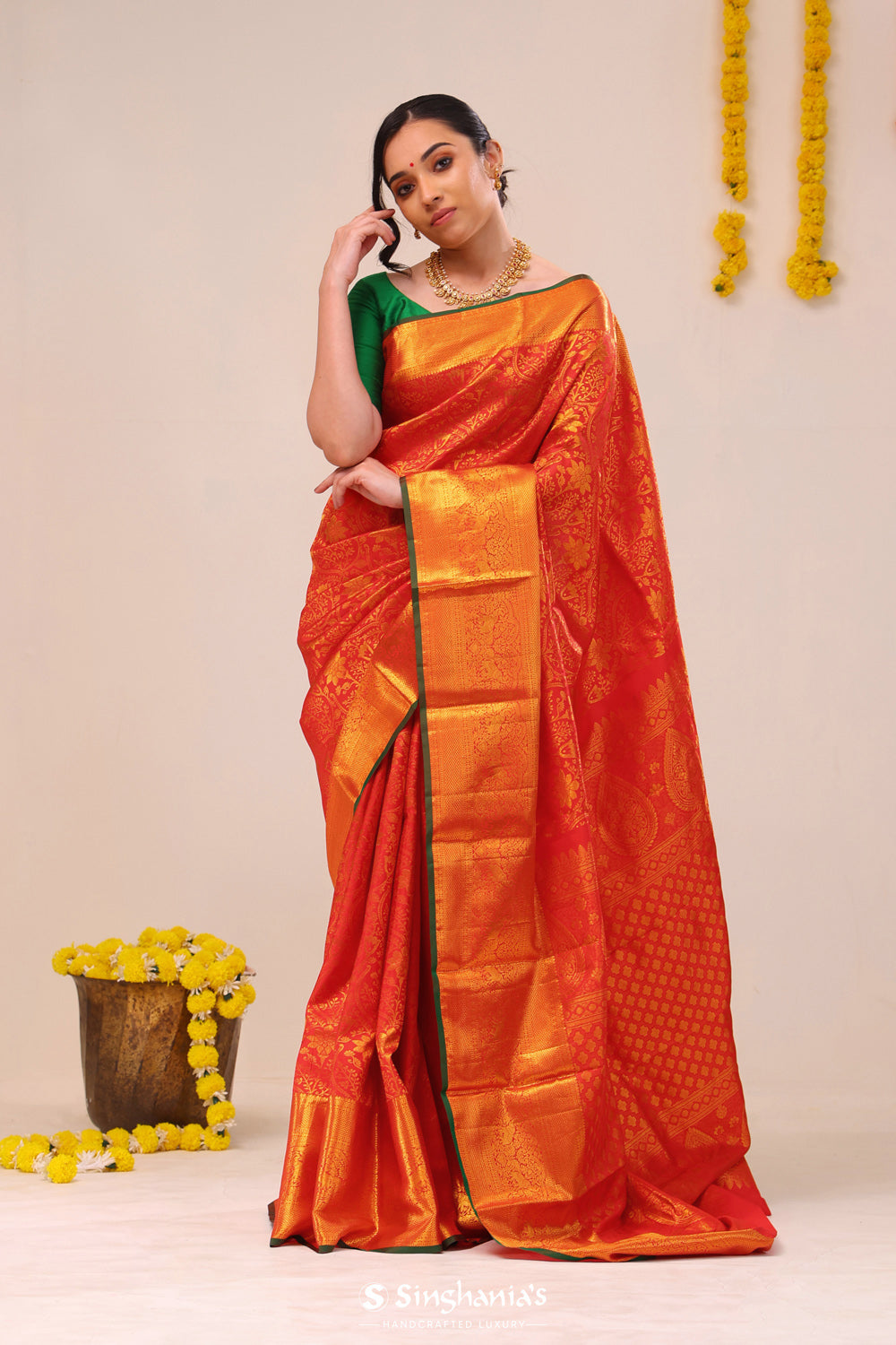 Bright Red Jaali Kanjivaram Silk Saree