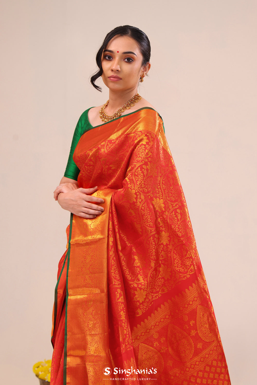 Bright Red Jaali Kanjivaram Silk Saree