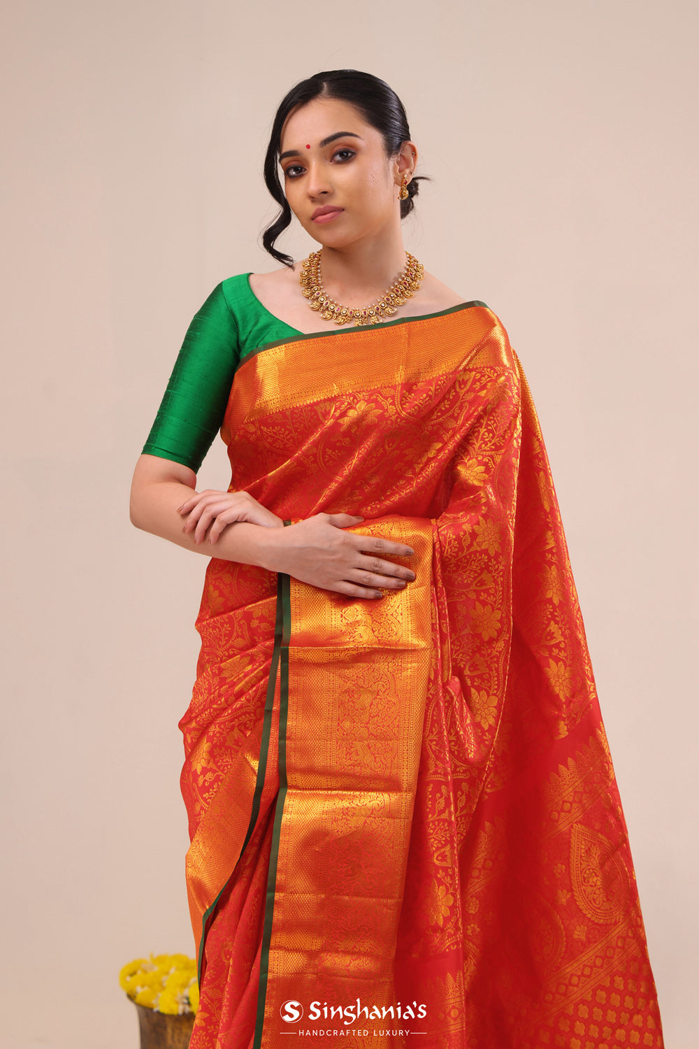 Bright Red Jaali Kanjivaram Silk Saree