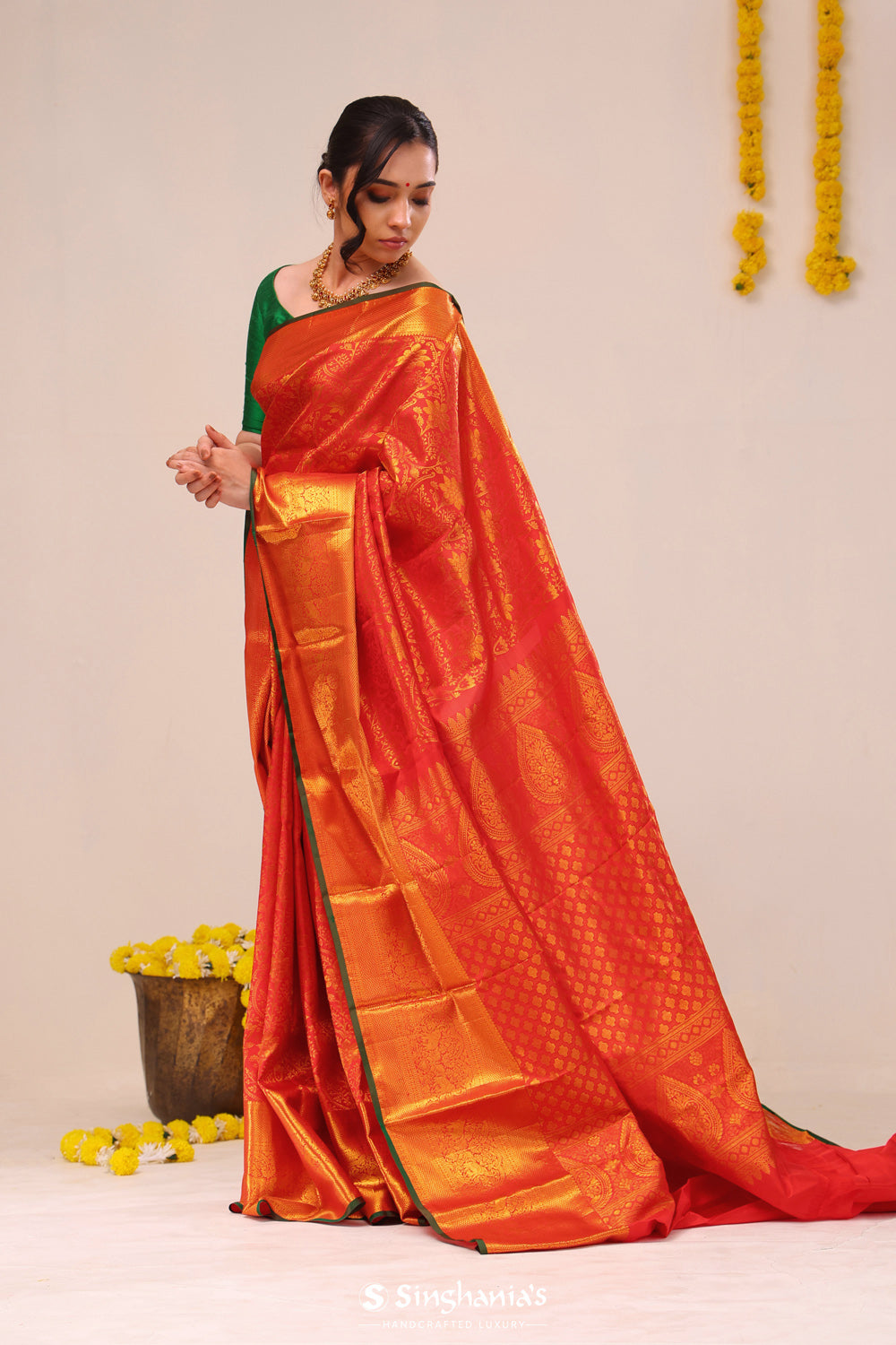 Bright Red Jaali Kanjivaram Silk Saree