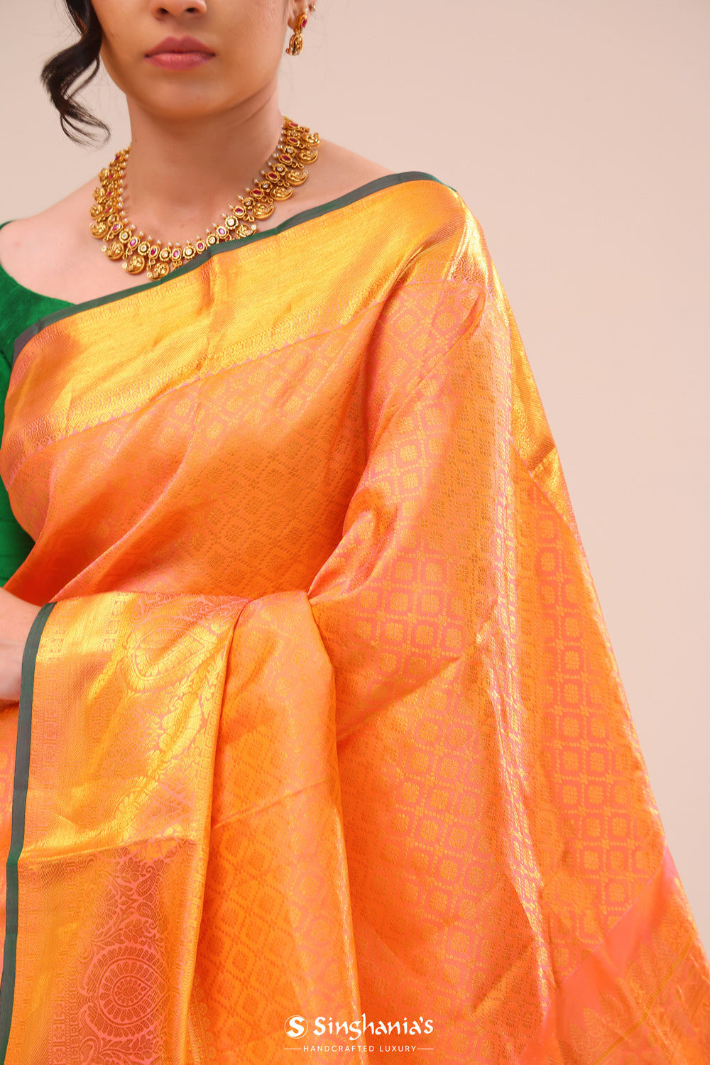 Bright Peach Jaali Kanjivaram Silk Saree