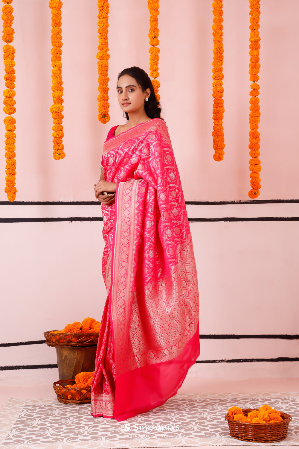 Bright Pink Banarasi Silk Saree With Floral Jaal Weaving