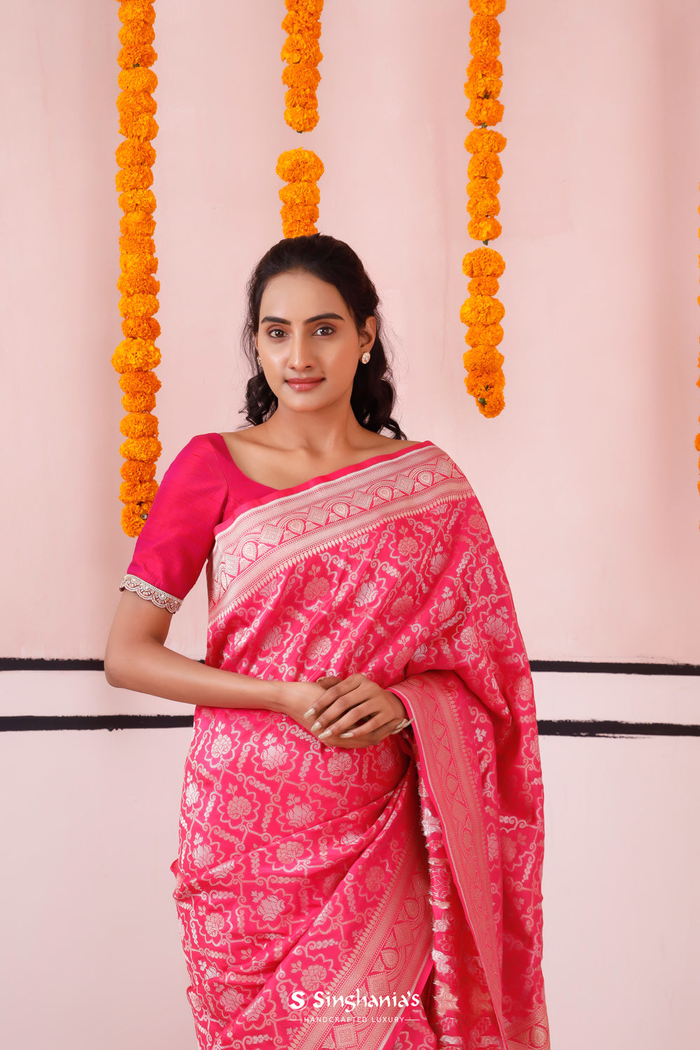 Bright Pink Banarasi Silk Saree With Floral Jaal Weaving