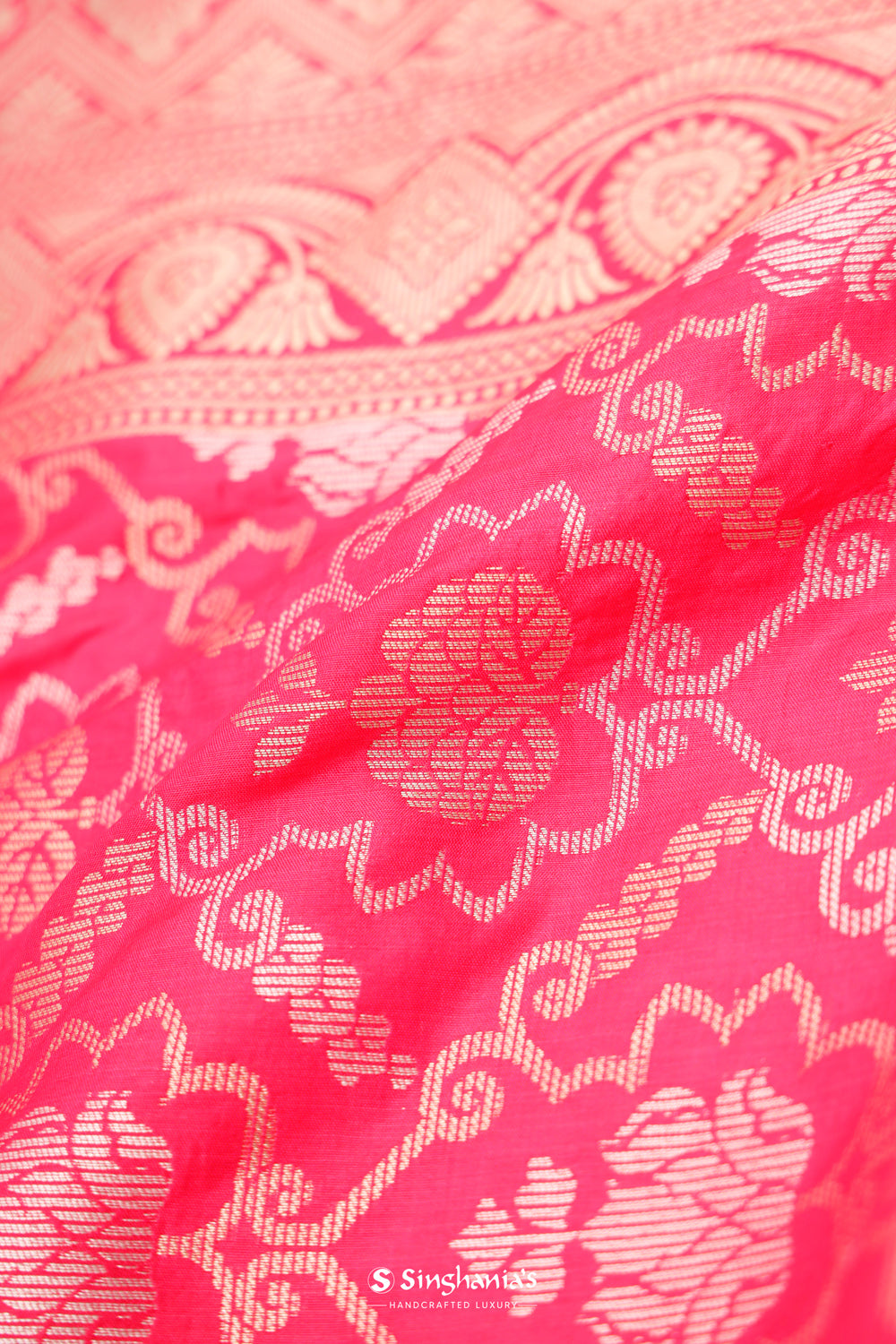 Bright Pink Banarasi Silk Saree With Floral Jaal Weaving