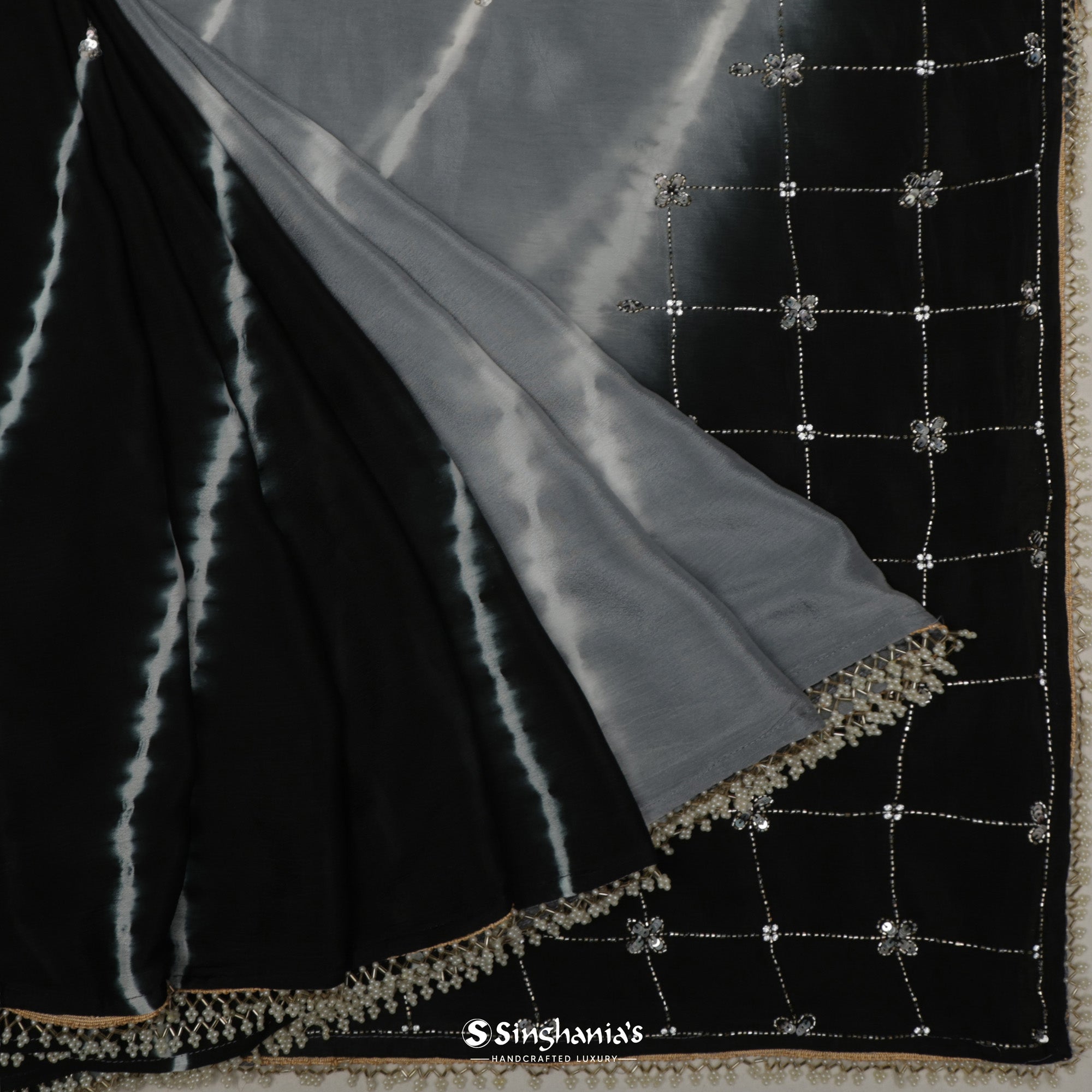 Dark Black-Grey Soft Silk Saree With Leheriya Pattern And Embroidery