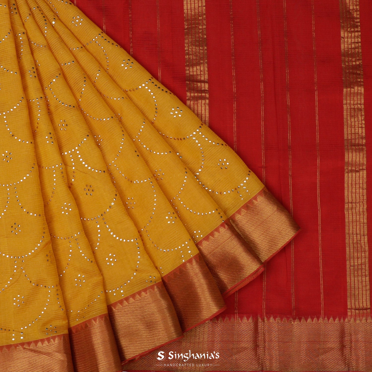 Honey Yellow Silk Saree With Mukaish Work In Grid Pattern