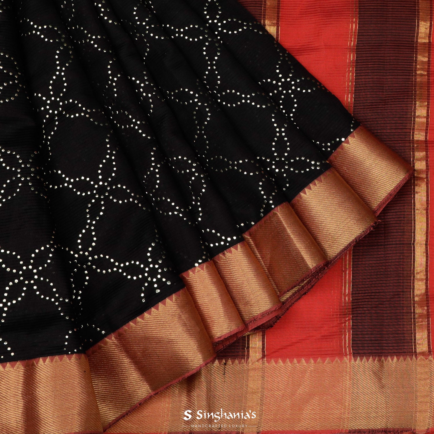 Deep Black Printed Silk Saree With Floral Pattern