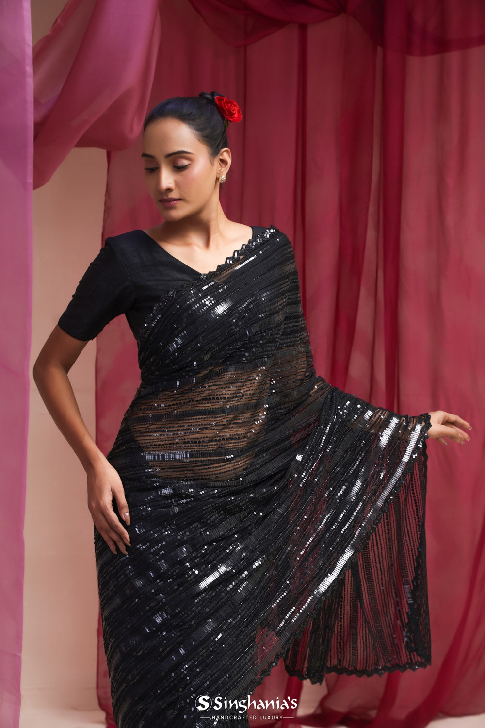 Rich Black Net Designer Saree With Hand Embroidery