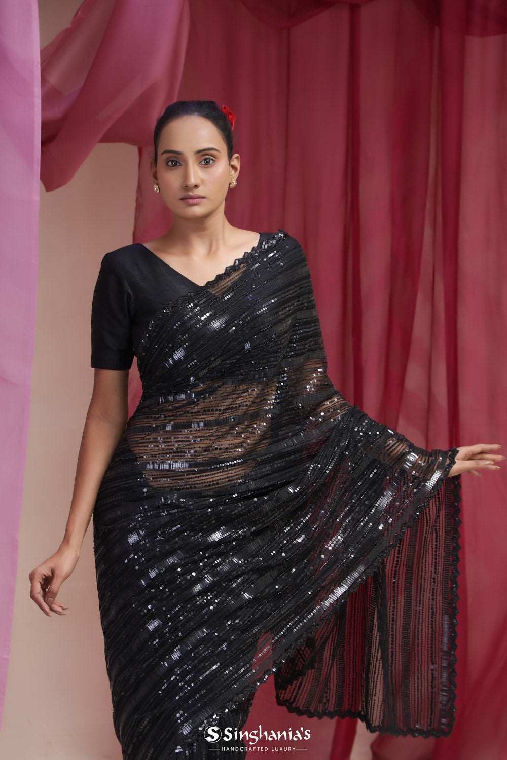 Rich Black Net Designer Saree With Hand Embroidery