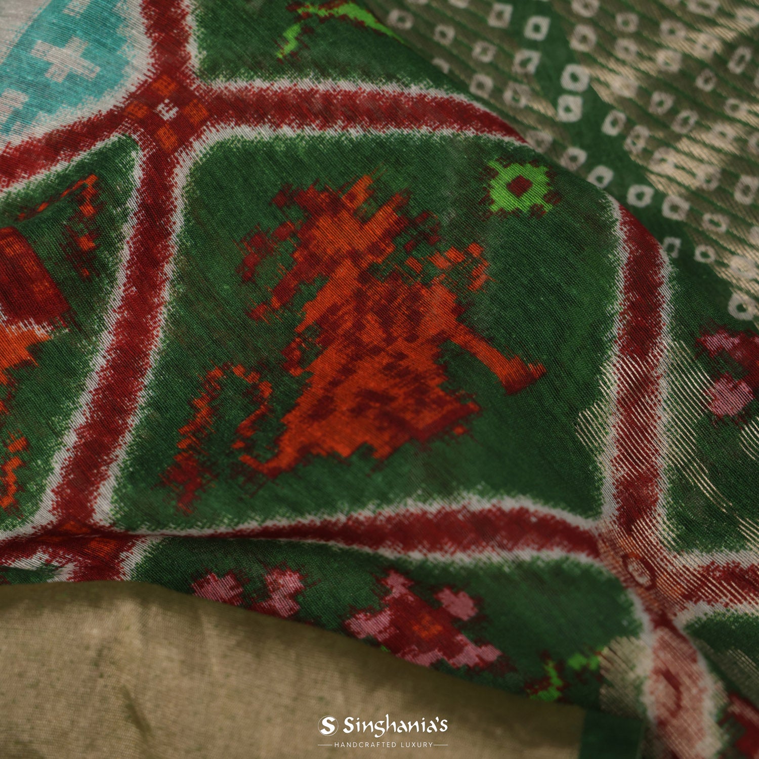 Amazon Green Matka Silk Saree With Printed Patan Patola Pattern