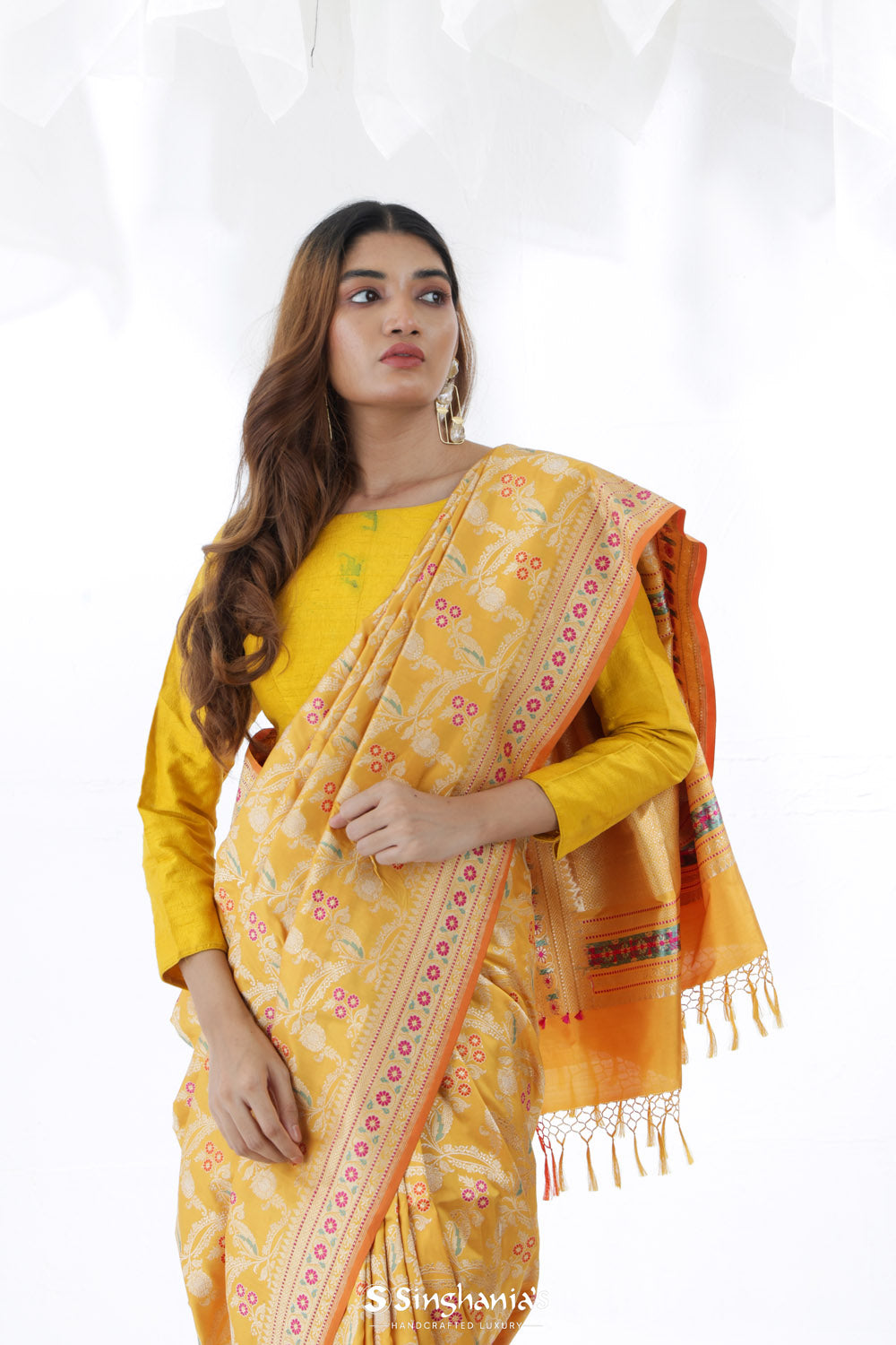 Saffron Yellow Banarasi Silk Saree With Floral Design