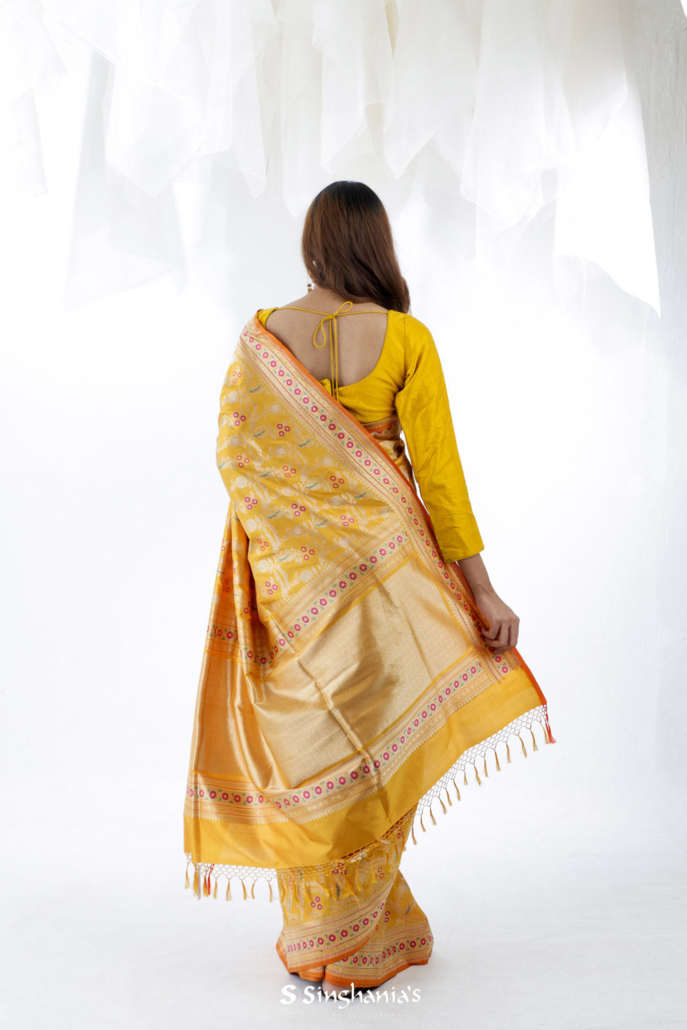 Saffron Yellow Banarasi Silk Saree With Floral Design