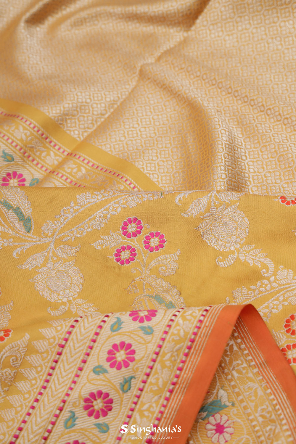 Saffron Yellow Banarasi Silk Saree With Floral Design