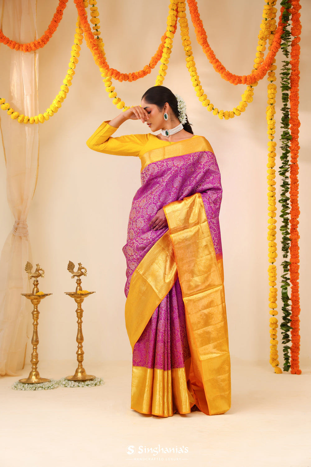 Dark Magenta Kanjivaram Silk Saree With Contrast Border