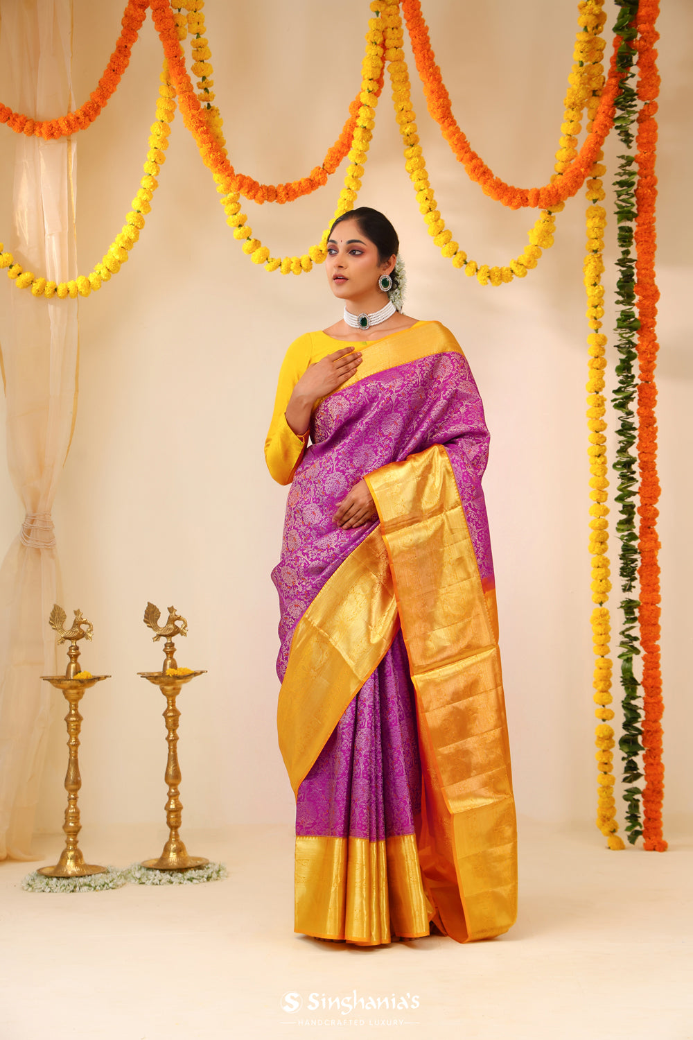 Dark Magenta Kanjivaram Silk Saree With Contrast Border