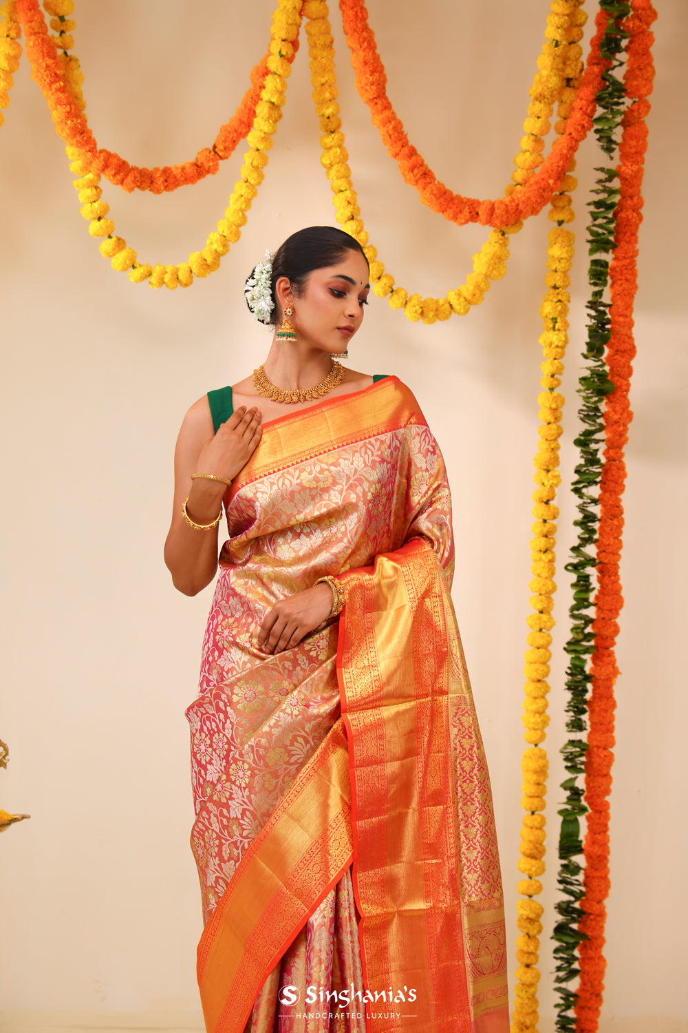 Pinkish Gold Tissue Kanjivaram Saree With Floral Jaal Weaving