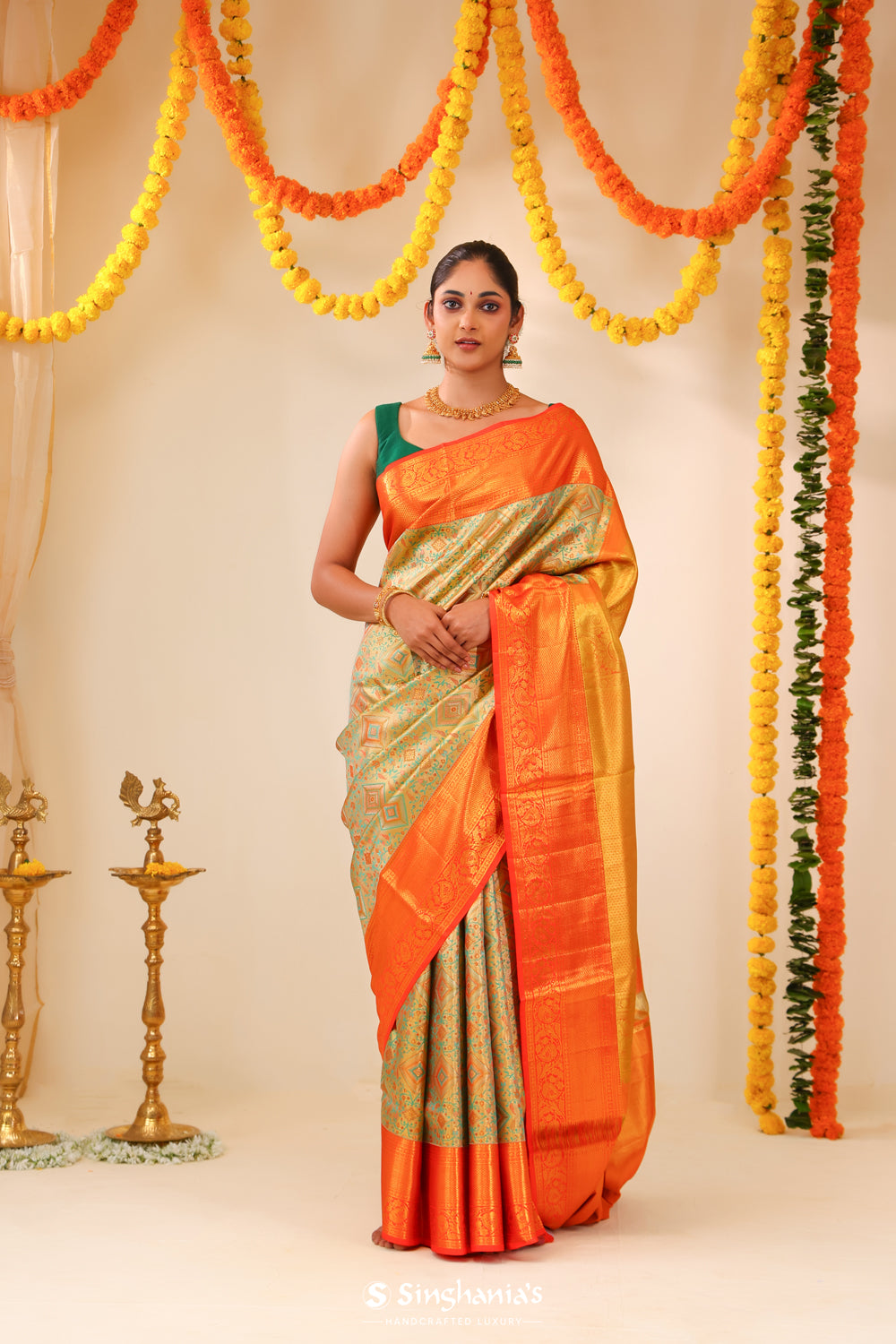 Green Gold Tissue Kanjivaram Saree With Floral Jaal Weaving