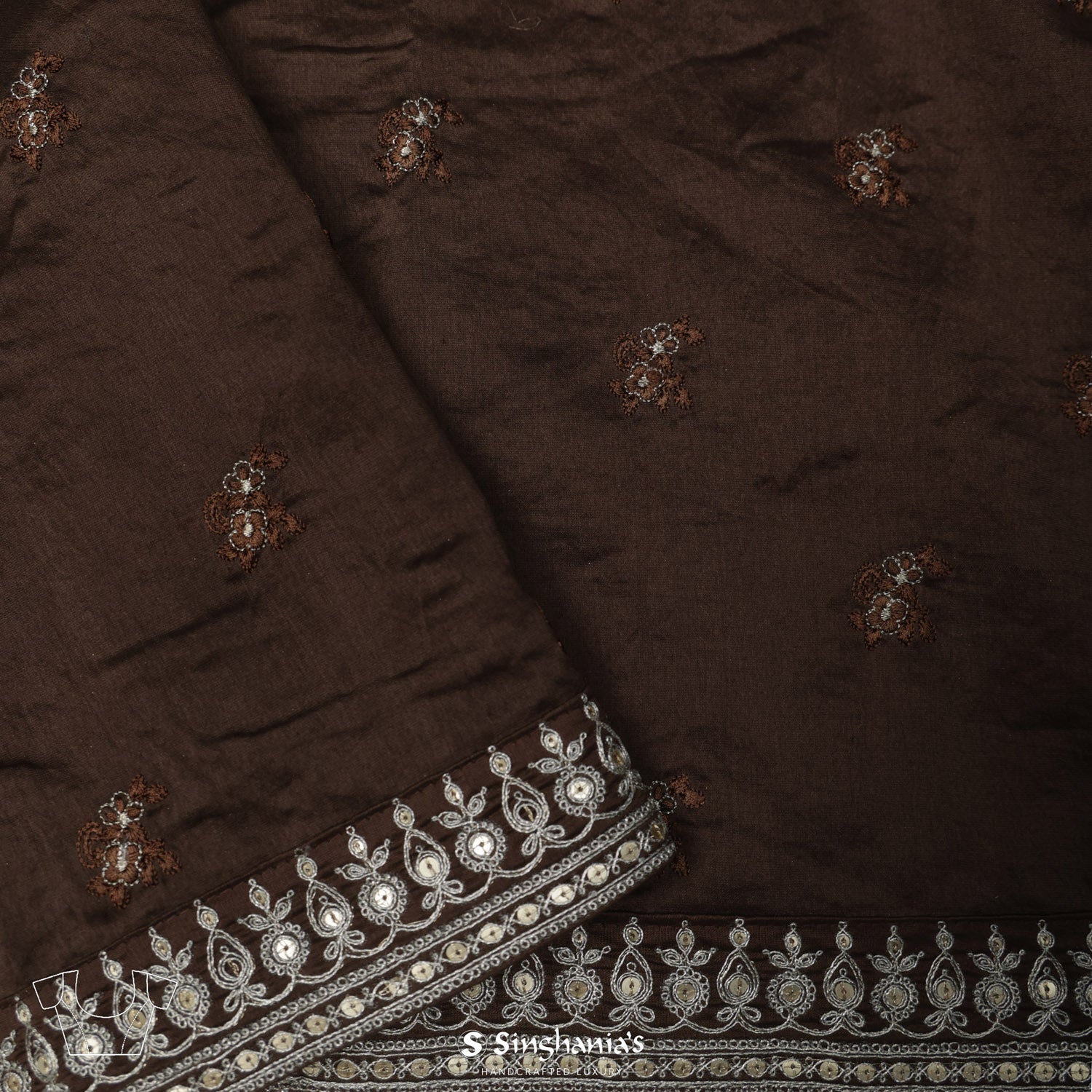 Dark Brown Printed Linen Saree With Floral Pattern & Foil Work