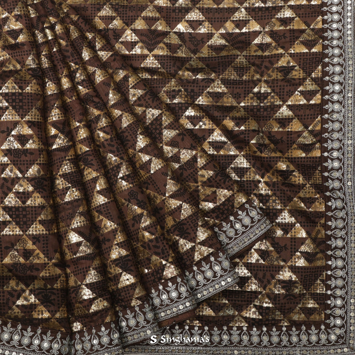 Dark Brown Printed Linen Saree With Floral Pattern & Foil Work