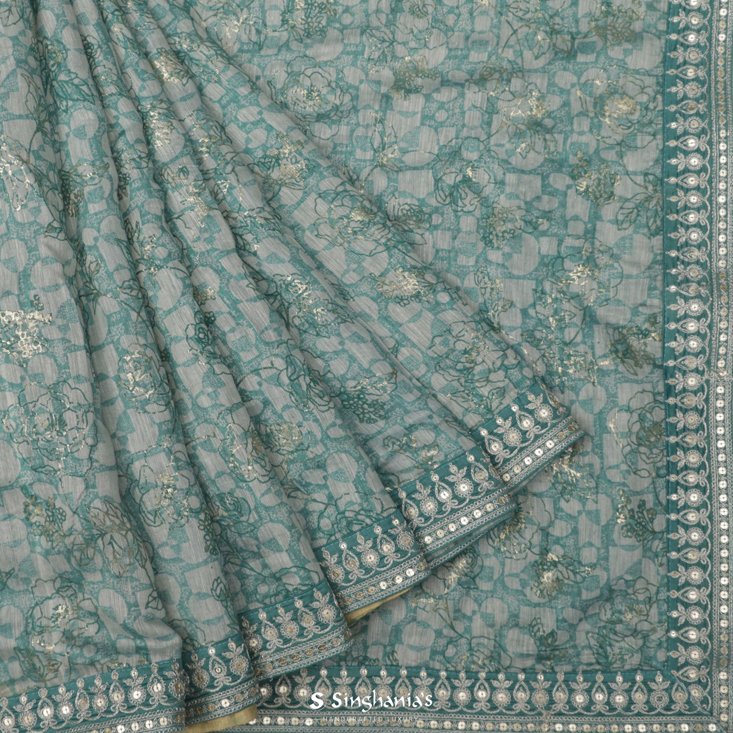 Light Gray Printed Linen Saree With Abstract Pattern And Foil Work