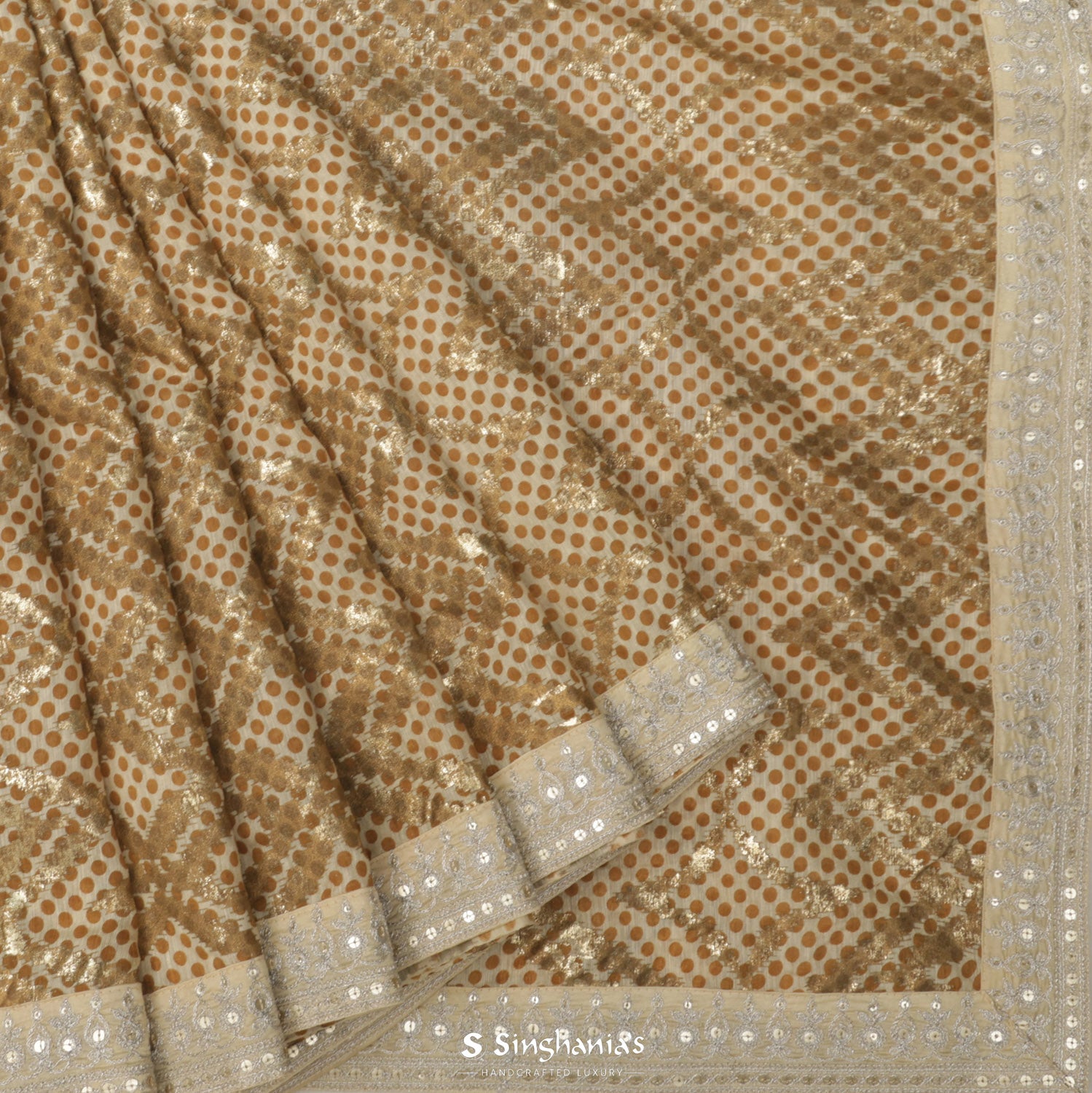 Thickened Cream Printed Linen Saree With Geometrical Pattern