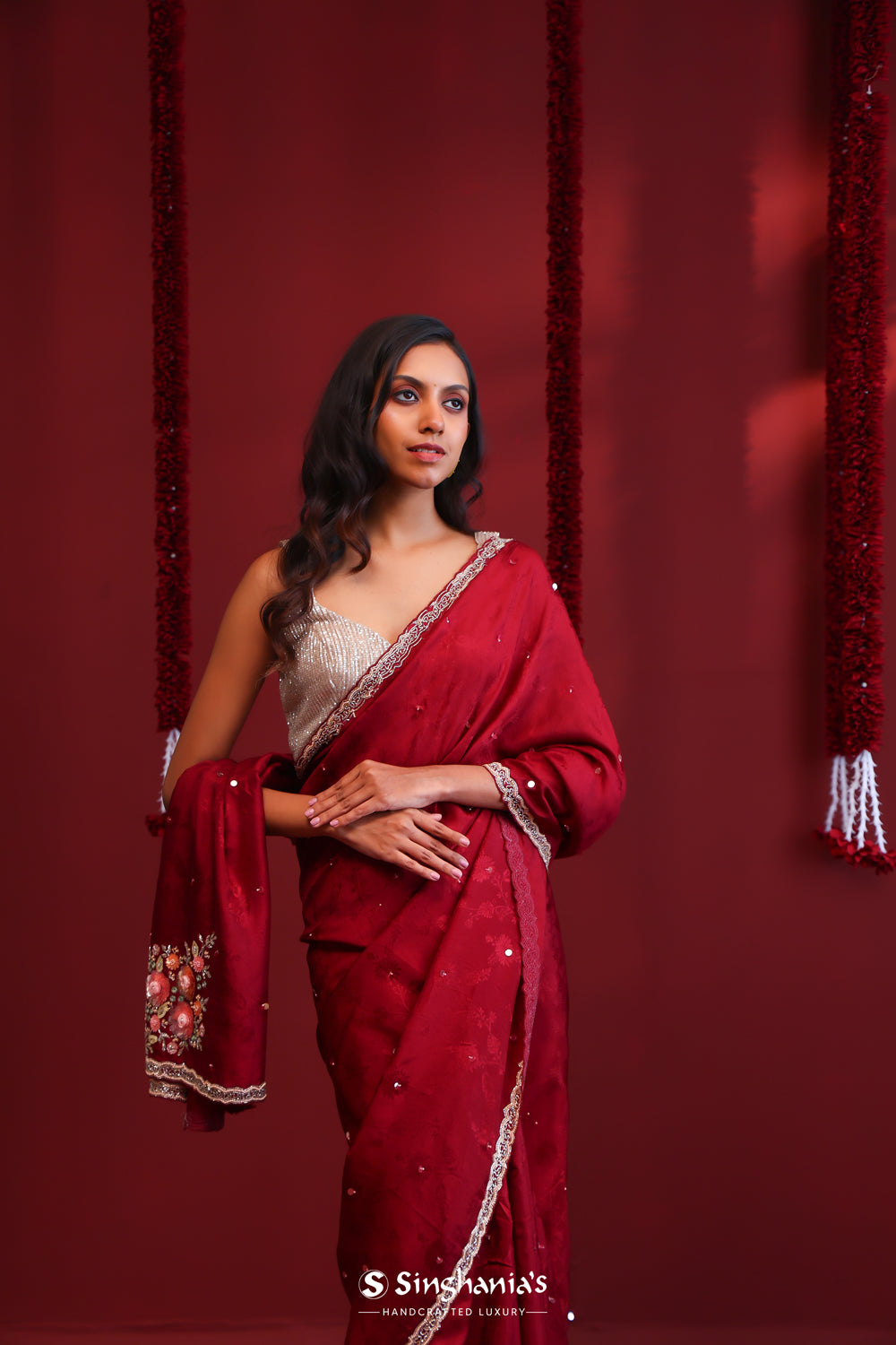 Deep Maroon Silk Saree With Hand Embroidery