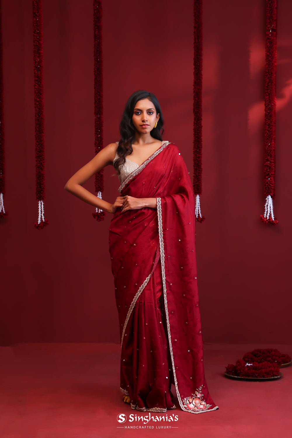 Deep Maroon Silk Saree With Hand Embroidery