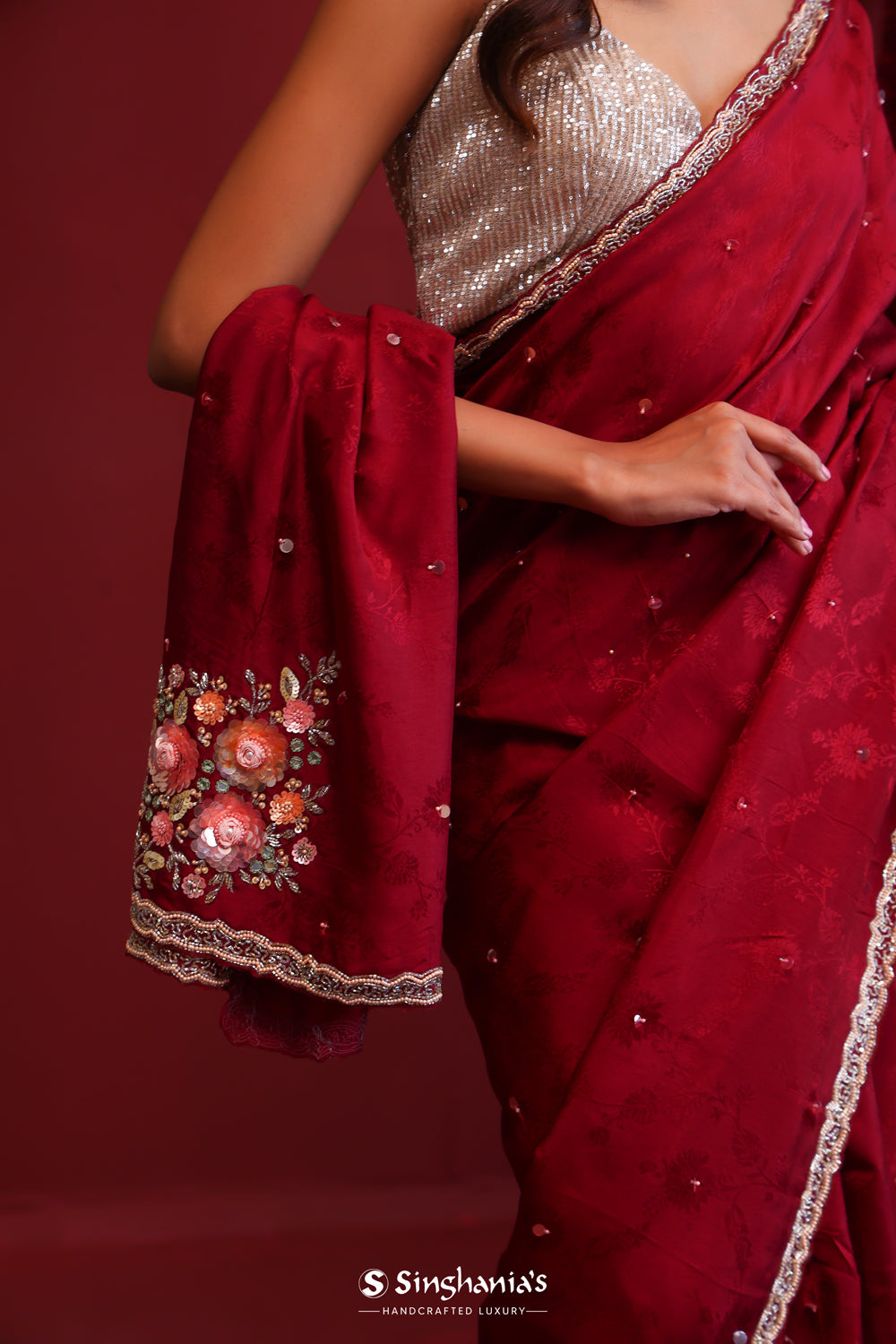 Deep Maroon Silk Saree With Hand Embroidery