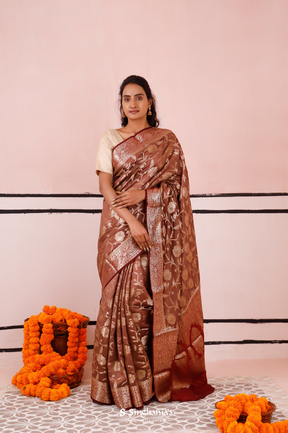 Russet Brown Banarasi Silk Saree With Floral Jaal