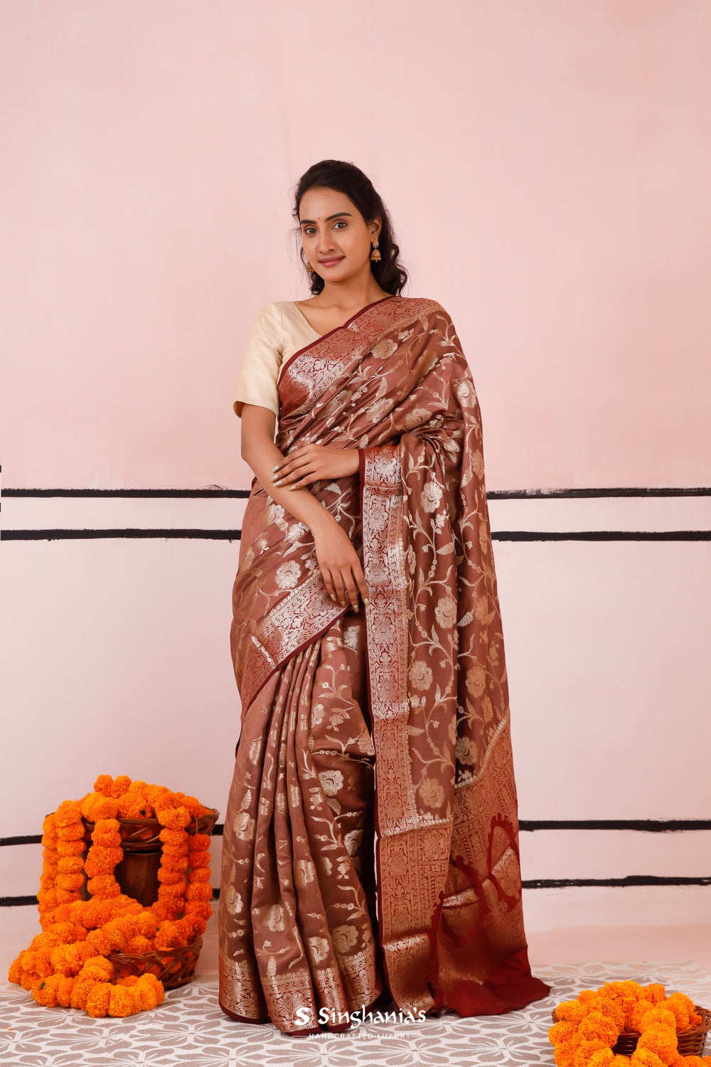 Russet Brown Banarasi Silk Saree With Floral Jaal