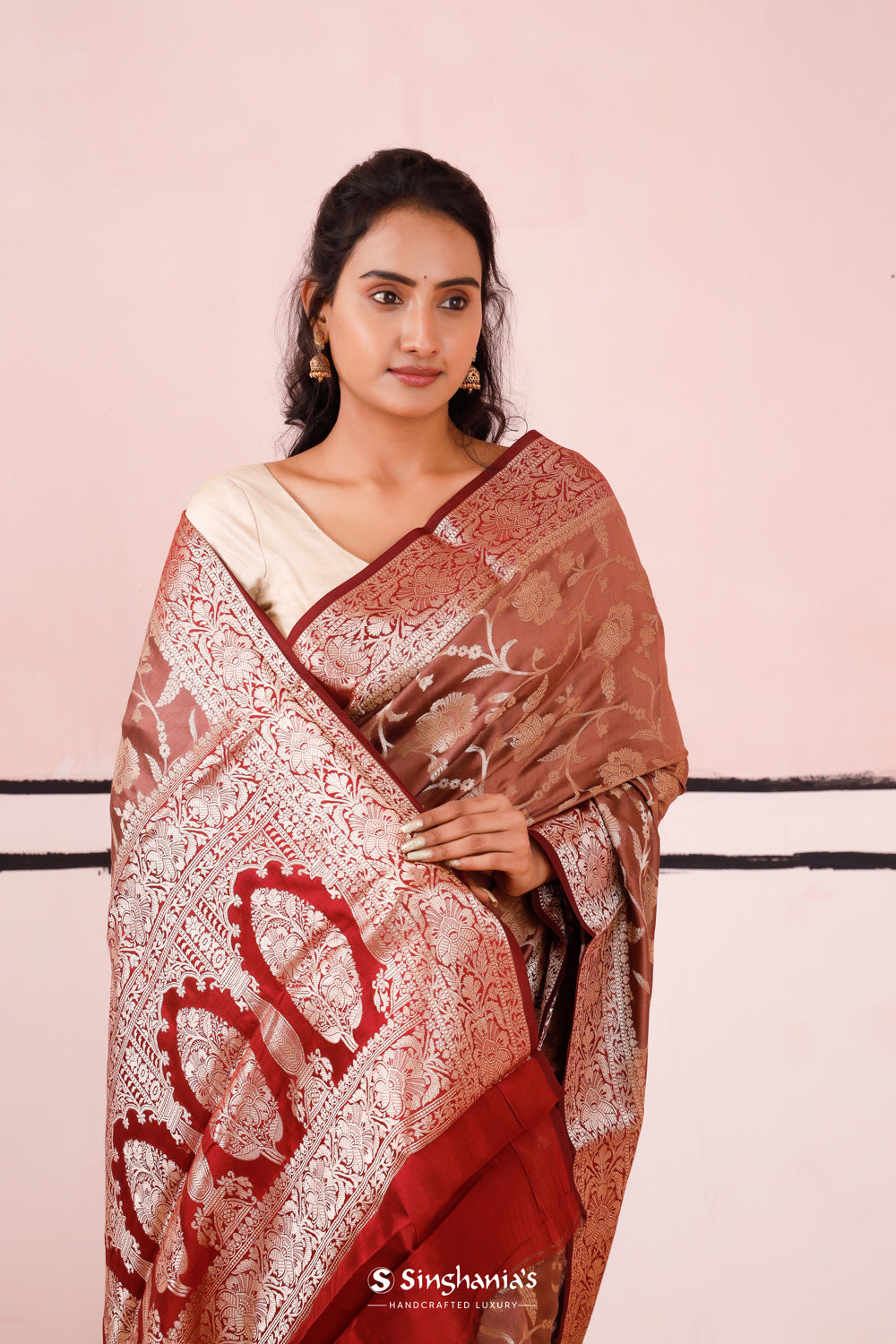 Russet Brown Banarasi Silk Saree With Floral Jaal