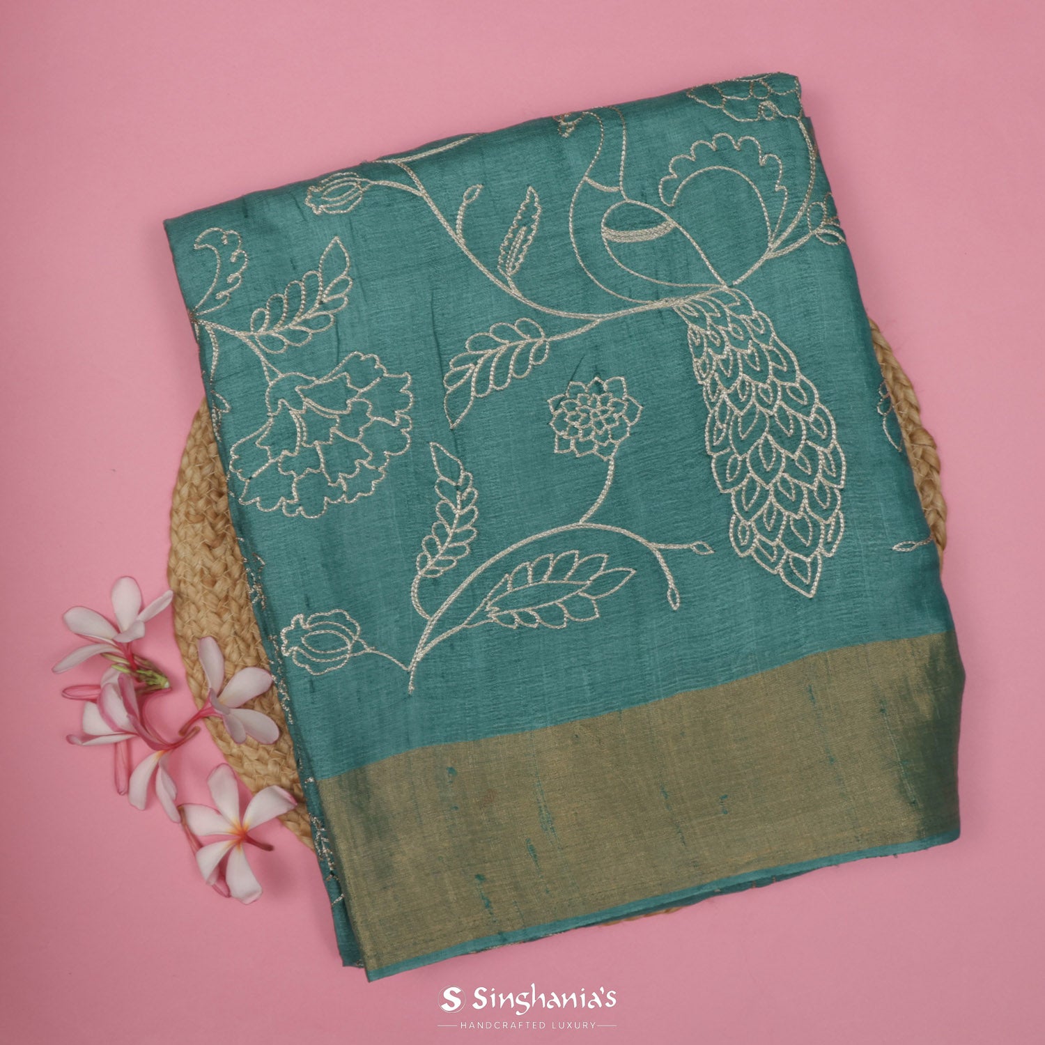 Sap Green Tussar Saree With Peacock Embroidery