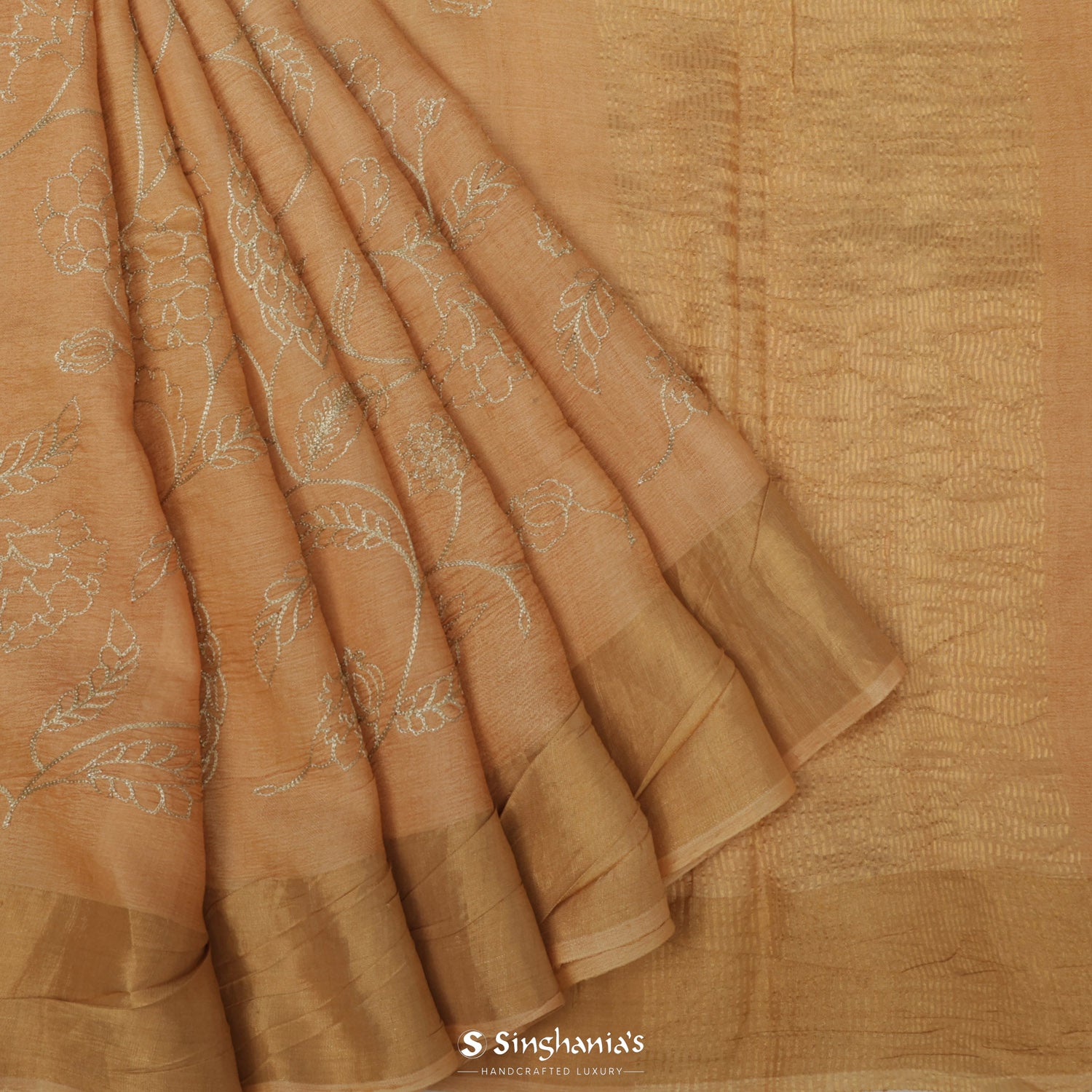 Calm Orange Tussar Saree With Floral Embroidery