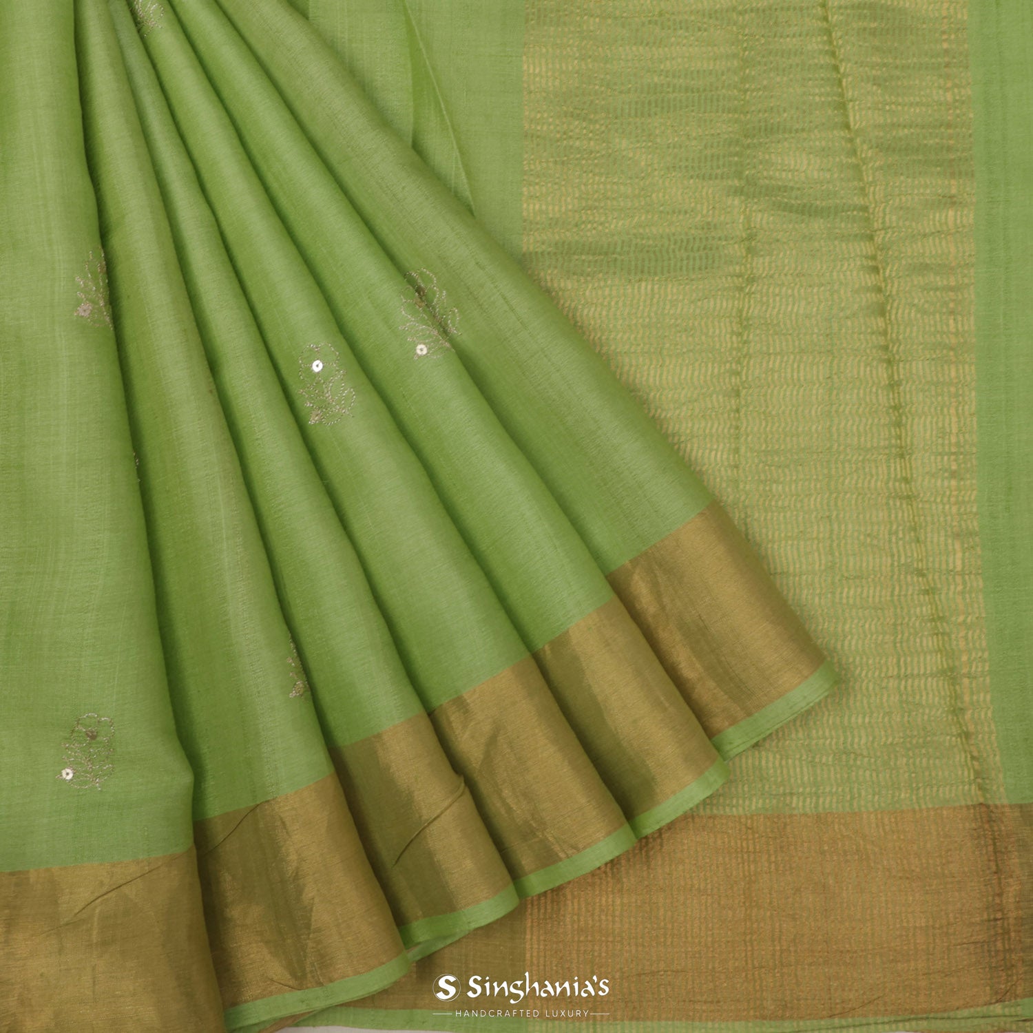Medium Spring Bud Green Tussar Saree With Floral Embroidery