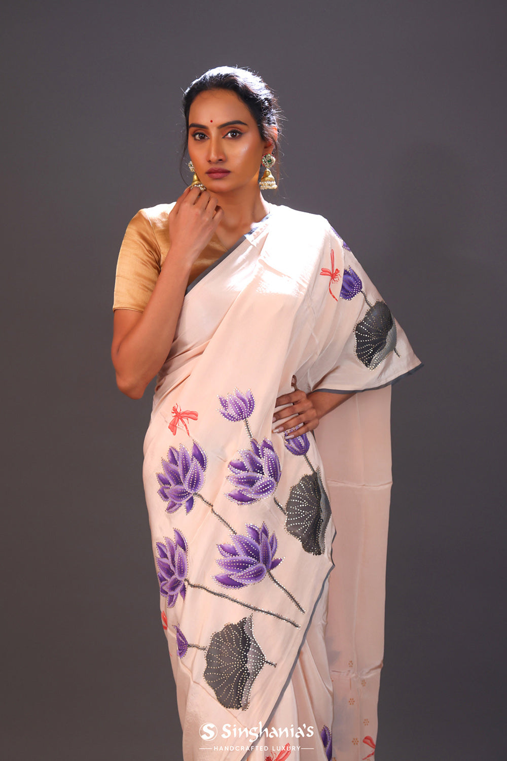 Magnolia Ivory Printed Satin Saree