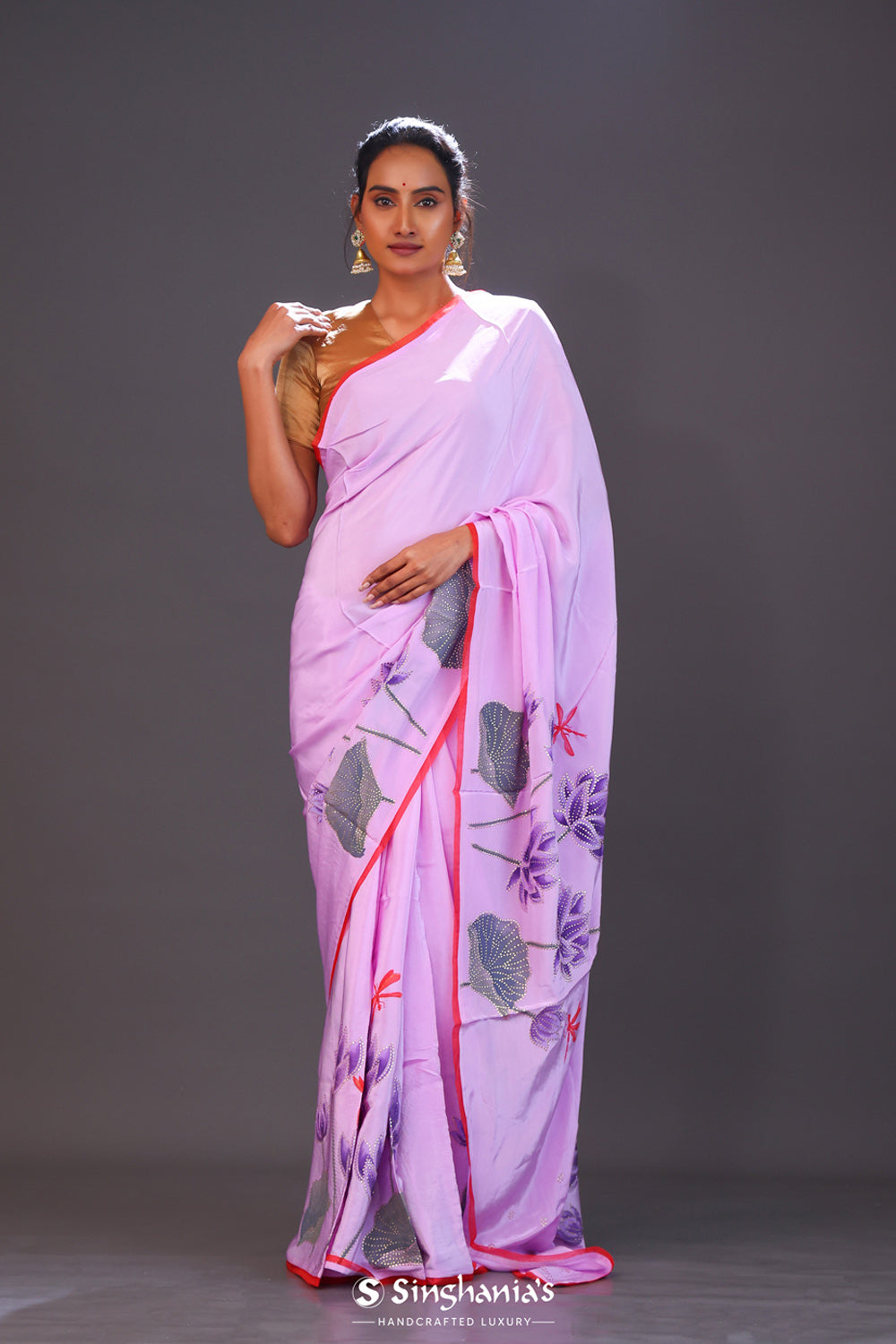 Lavender Purple Handcrafted Satin Saree