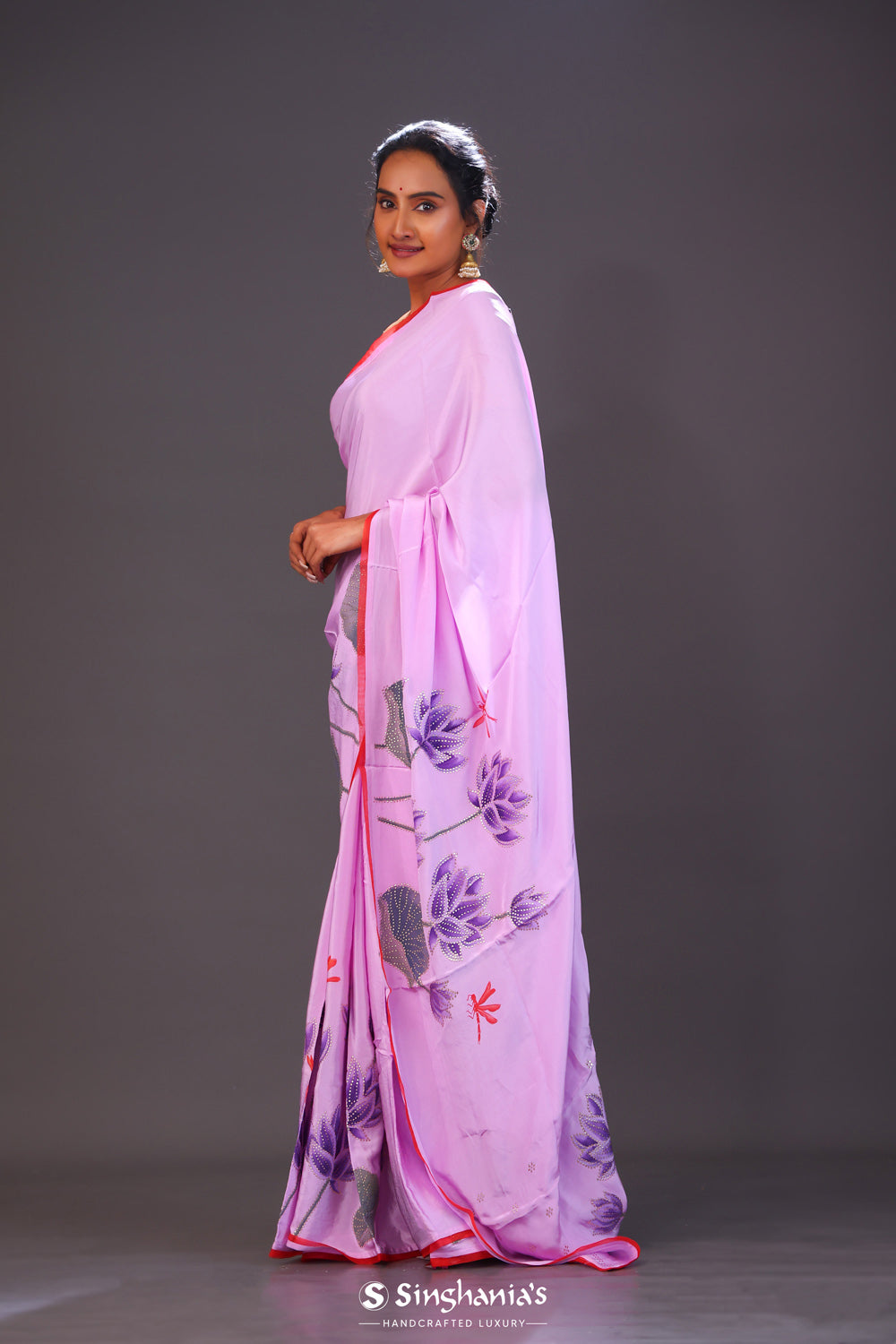 Lavender Purple Handcrafted Satin Saree