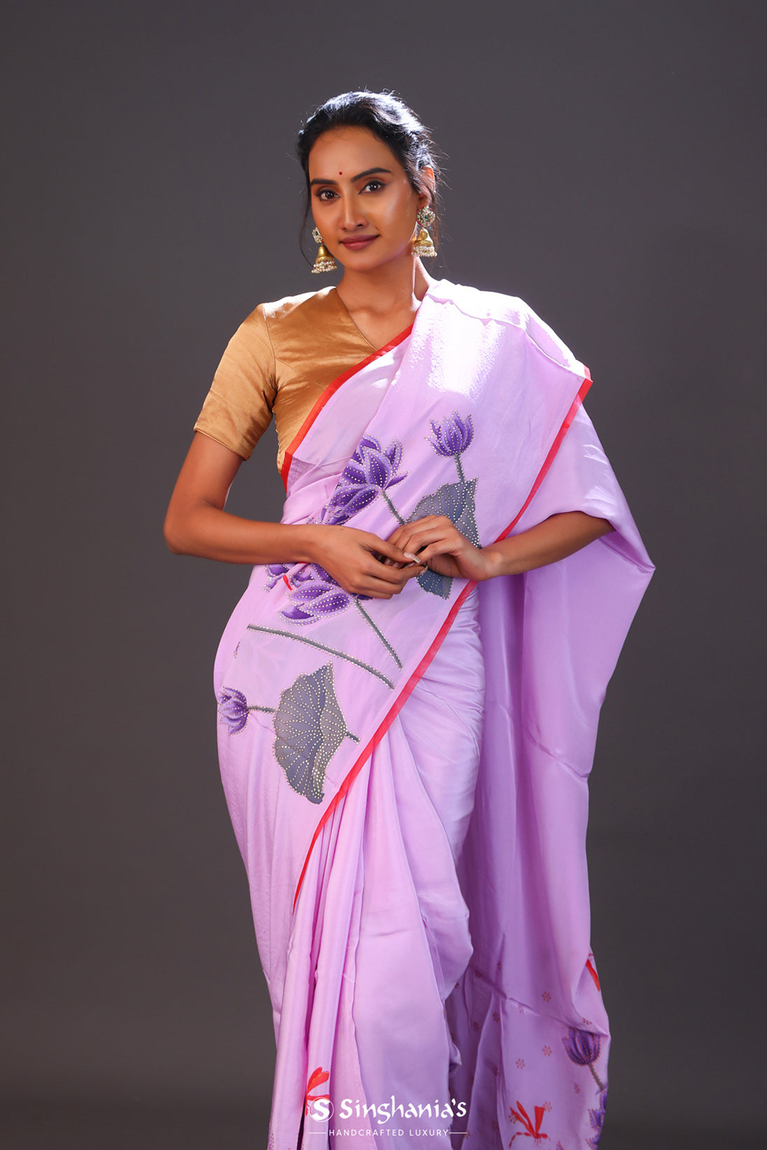 Lavender Purple Handcrafted Satin Saree