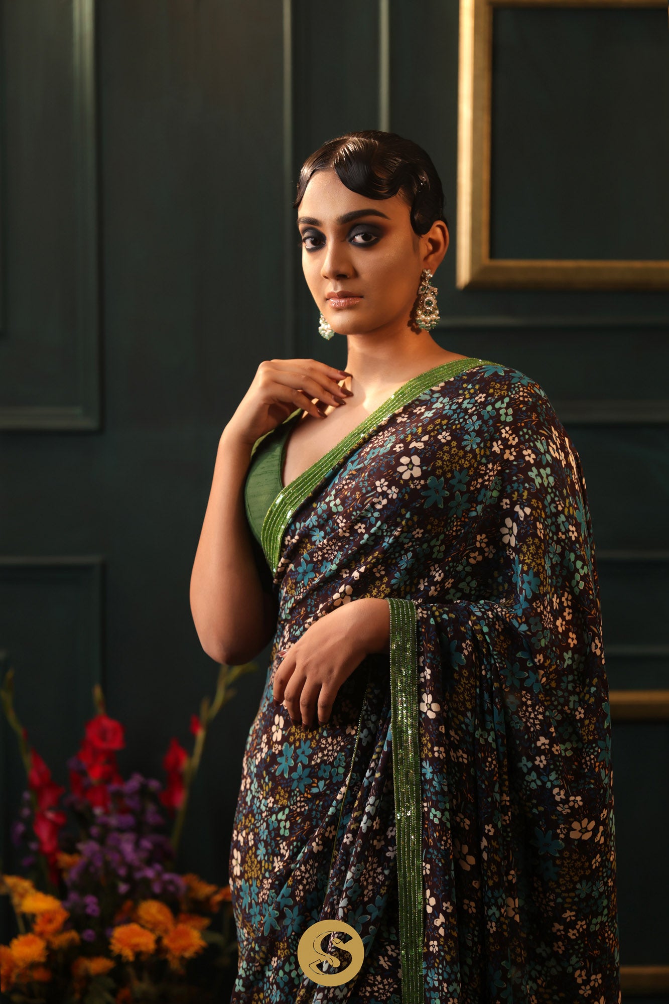 Deep Blue Designer Saree With Floral Printed Pattern