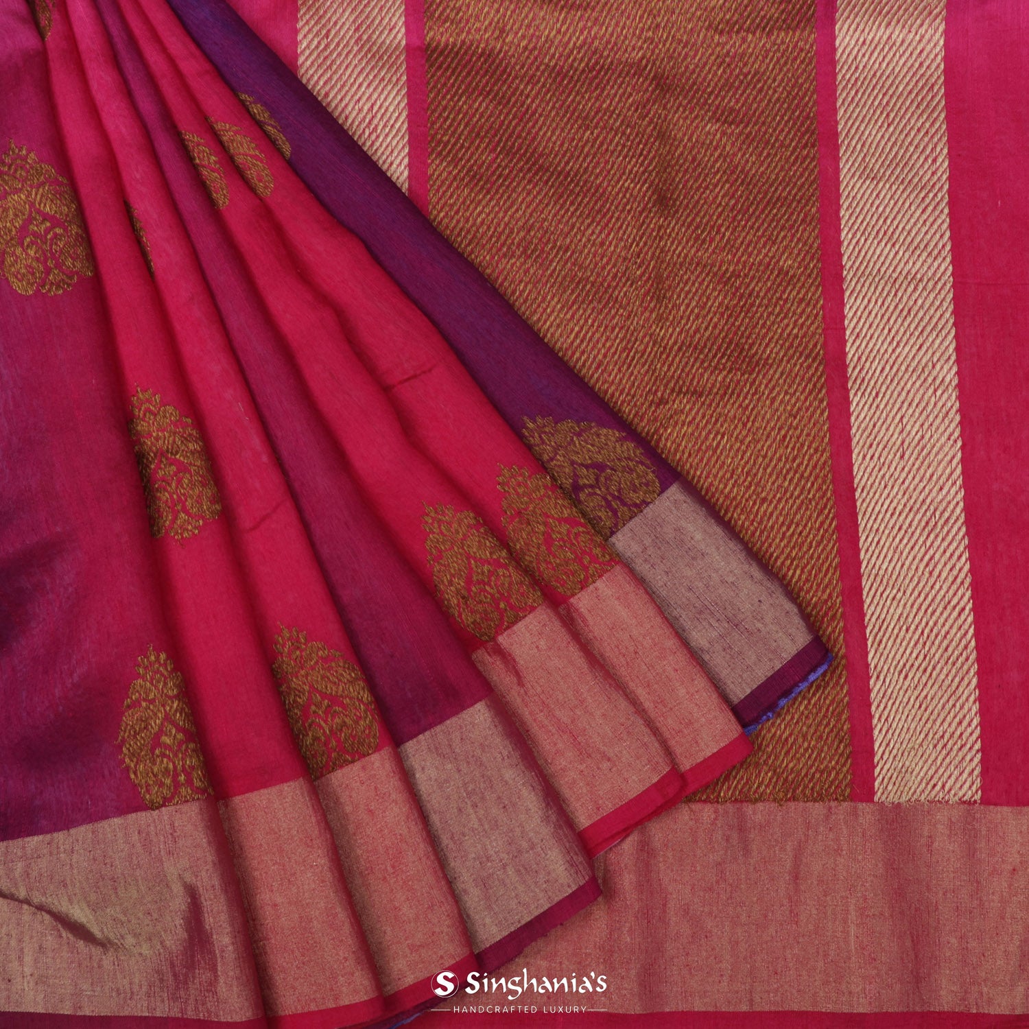 Amaranth Pink Matka Silk Saree With Floral Buttas With Banarasi Weaving