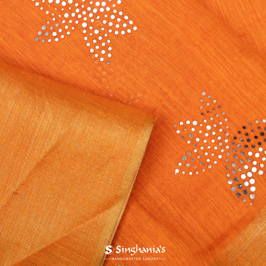 Web Orange Linen Saree With Floral Foil Print