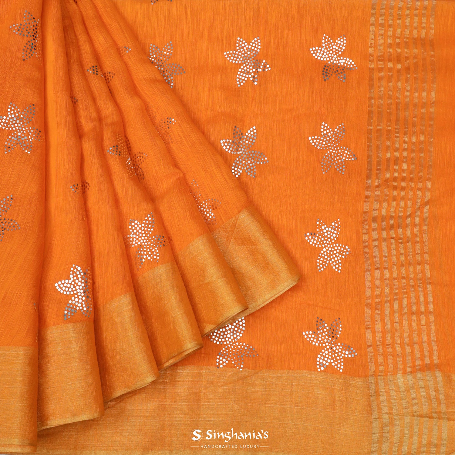 Web Orange Linen Saree With Floral Foil Print