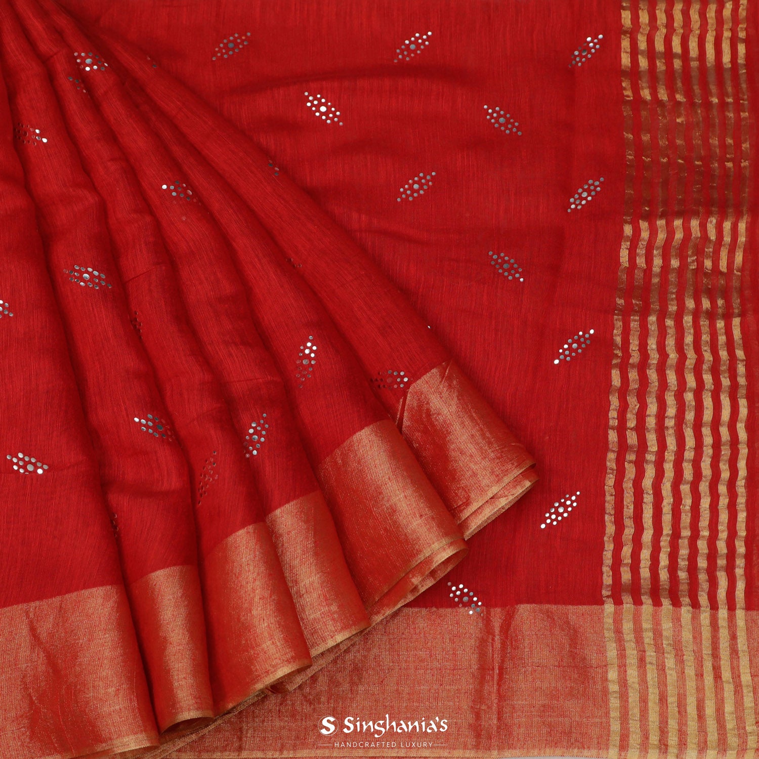 Crimson Red Printed Lenin Saree With Foil Work