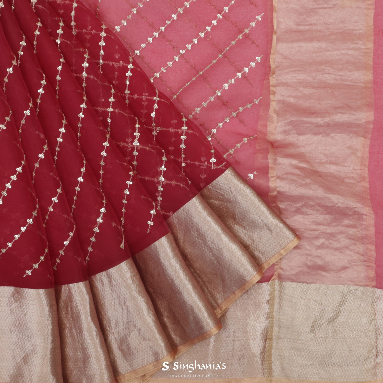 Crimson Red Organza Saree With Sequin Embroidery